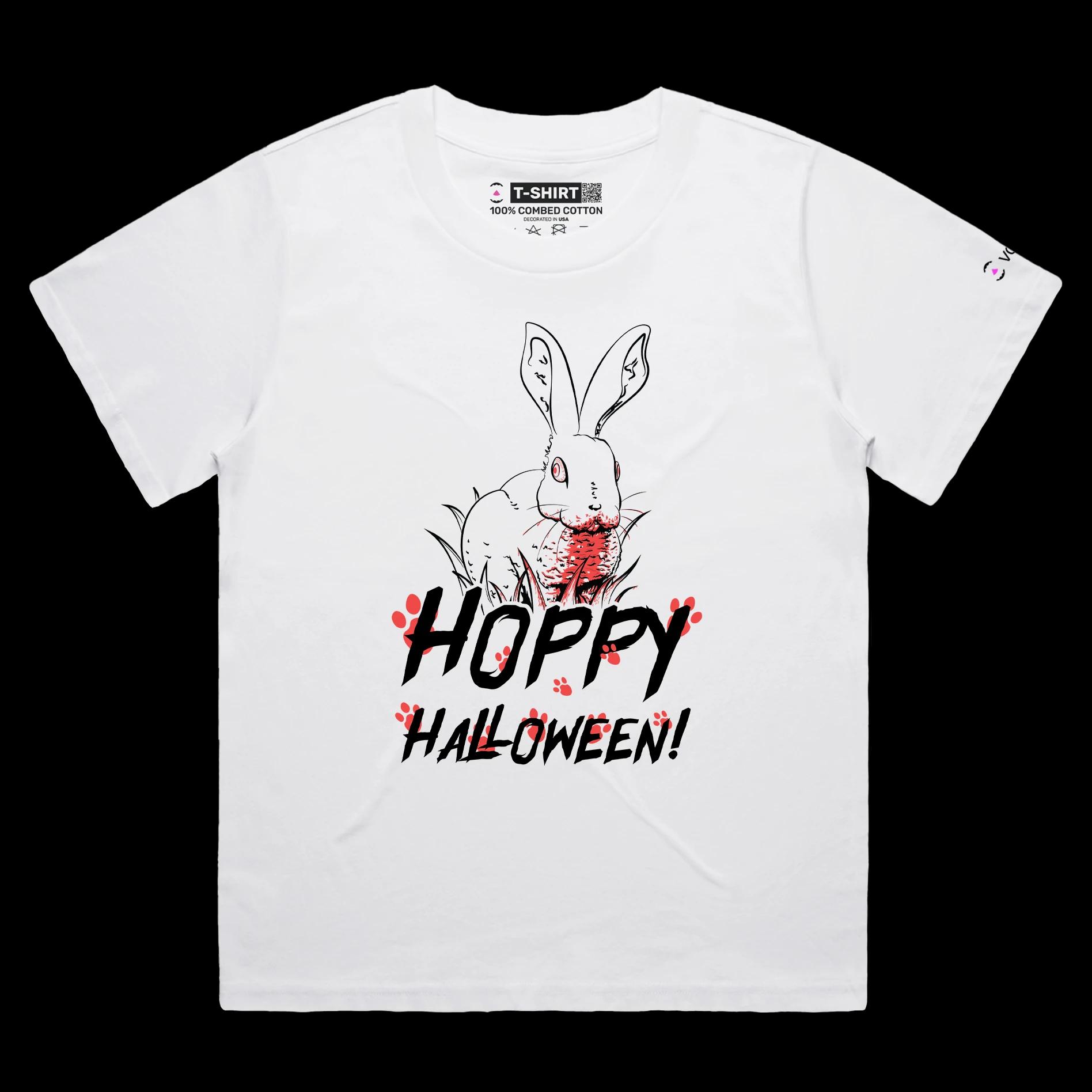 VOICEART White Female Loose Creepy Bunny Funny Animals Halloween T-Shirt Premium Graphic Design Happy Holidays Wordplay Tee