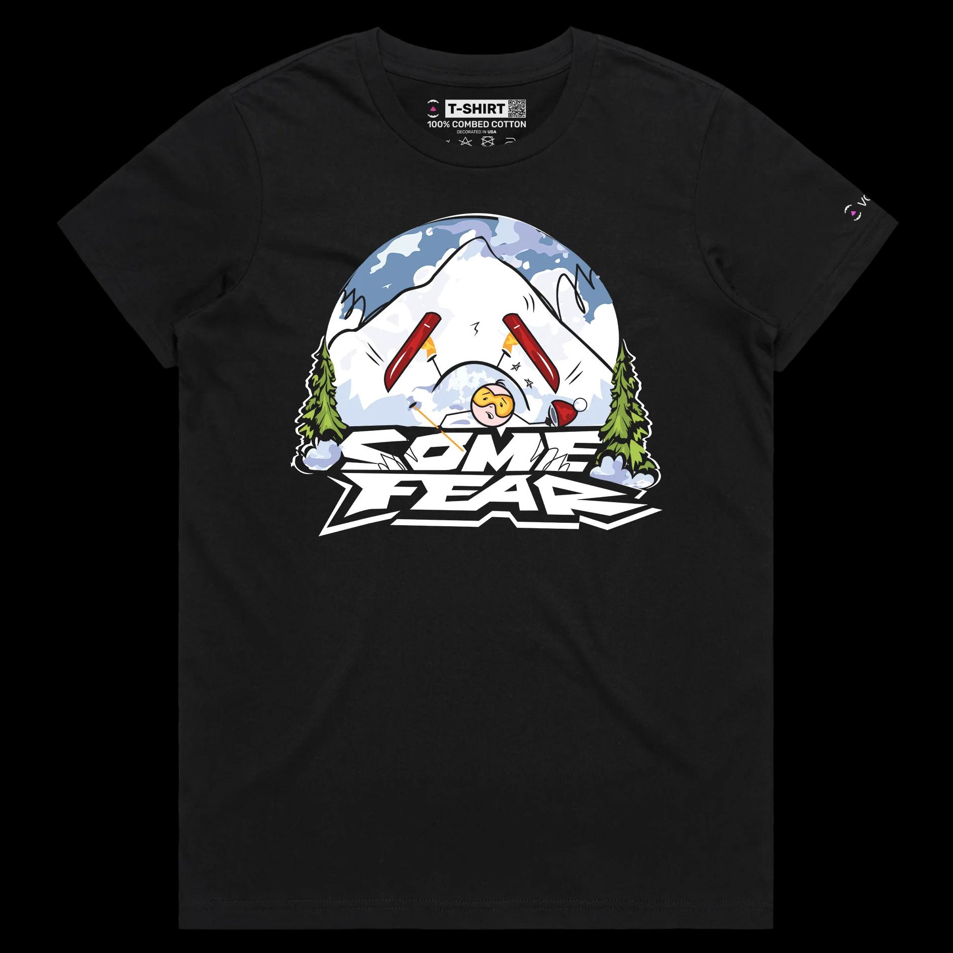 VOICEART Black Female Regular Fear from Skiing Sports T-Shirt Premium Quality Dangerous Winter Sport Tee with Play on Words