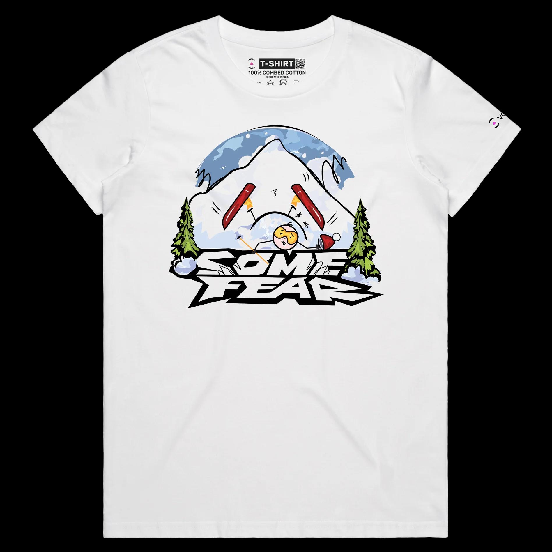 VOICEART White Female Regular Fear from Skiing Sports T-Shirt Premium Quality Dangerous Winter Sport Tee with Play on Words