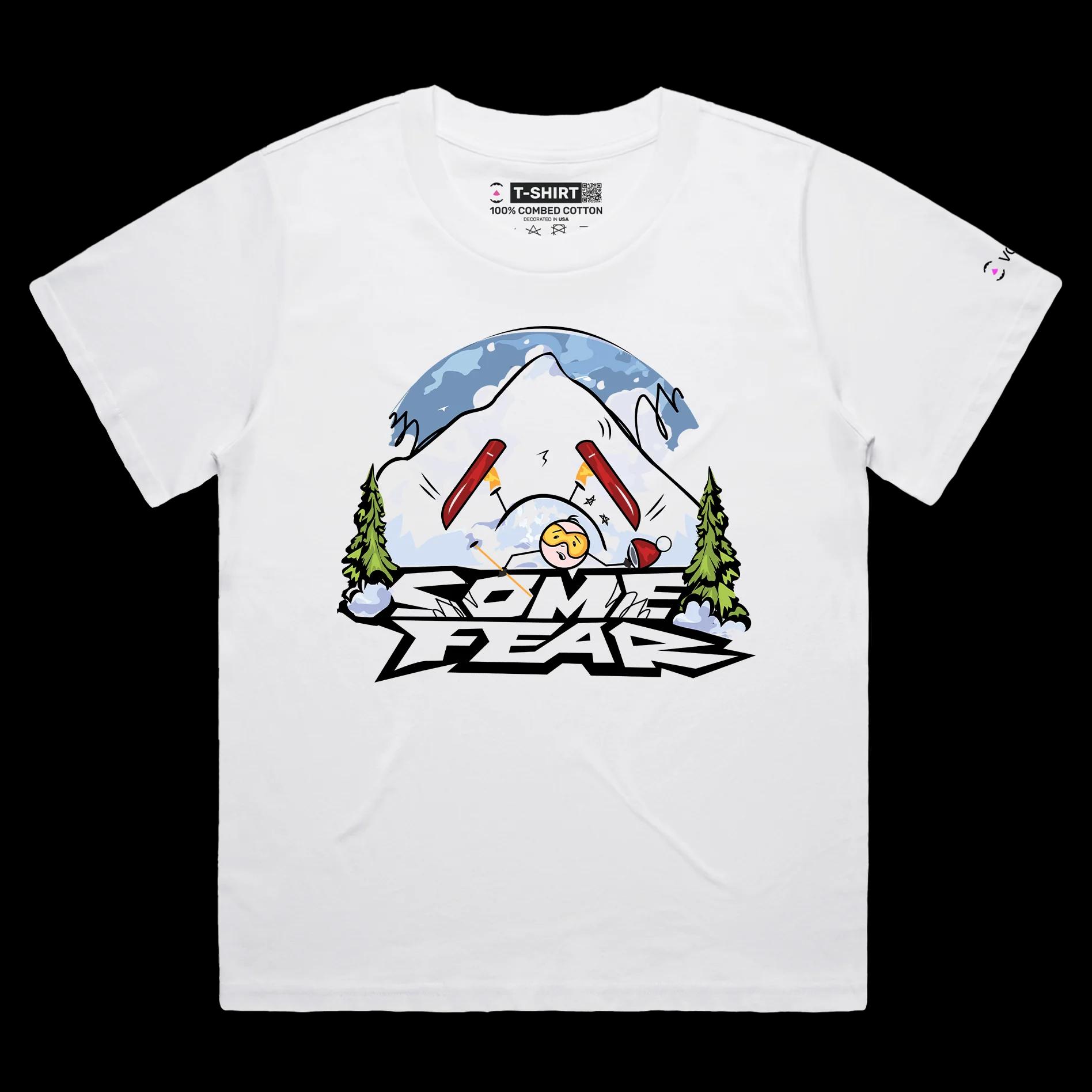 VOICEART White Female Loose Fear from Skiing Sports T-Shirt Premium Quality Dangerous Winter Sport Tee with Play on Words