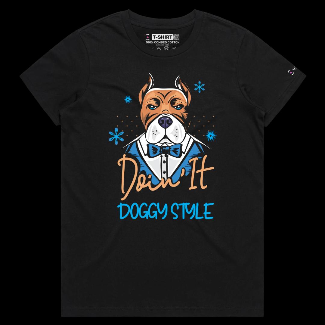 VOICEART Black Female Regular Dog in a Tuxedo Funny Animals Shirt Premium Quality Graphic DoggyStyle Wordplay Tee Pet Owners