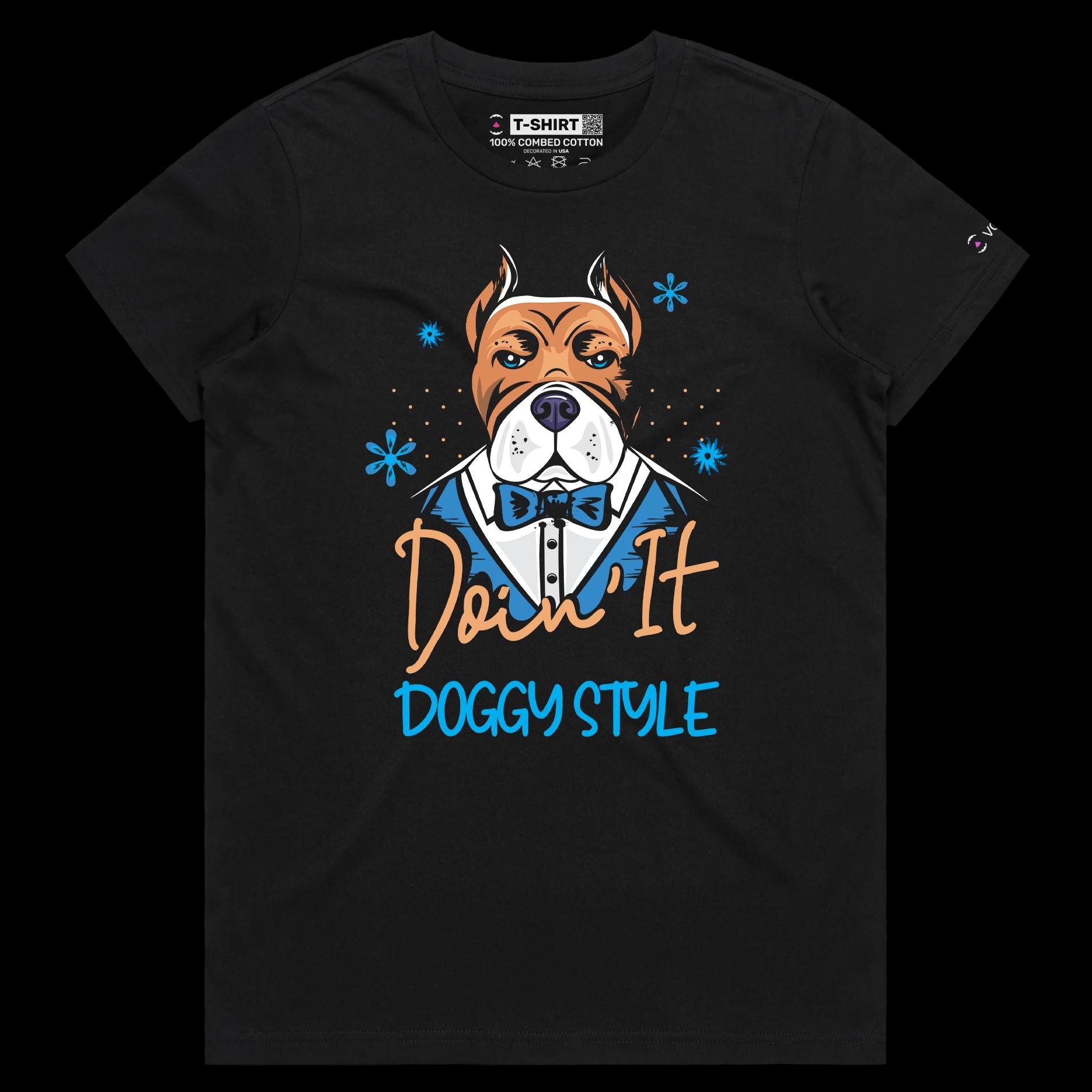VOICEART Black Female Regular Dog in a Tuxedo Funny Animals Shirt Premium Quality Graphic DoggyStyle Wordplay Tee Pet Owners
