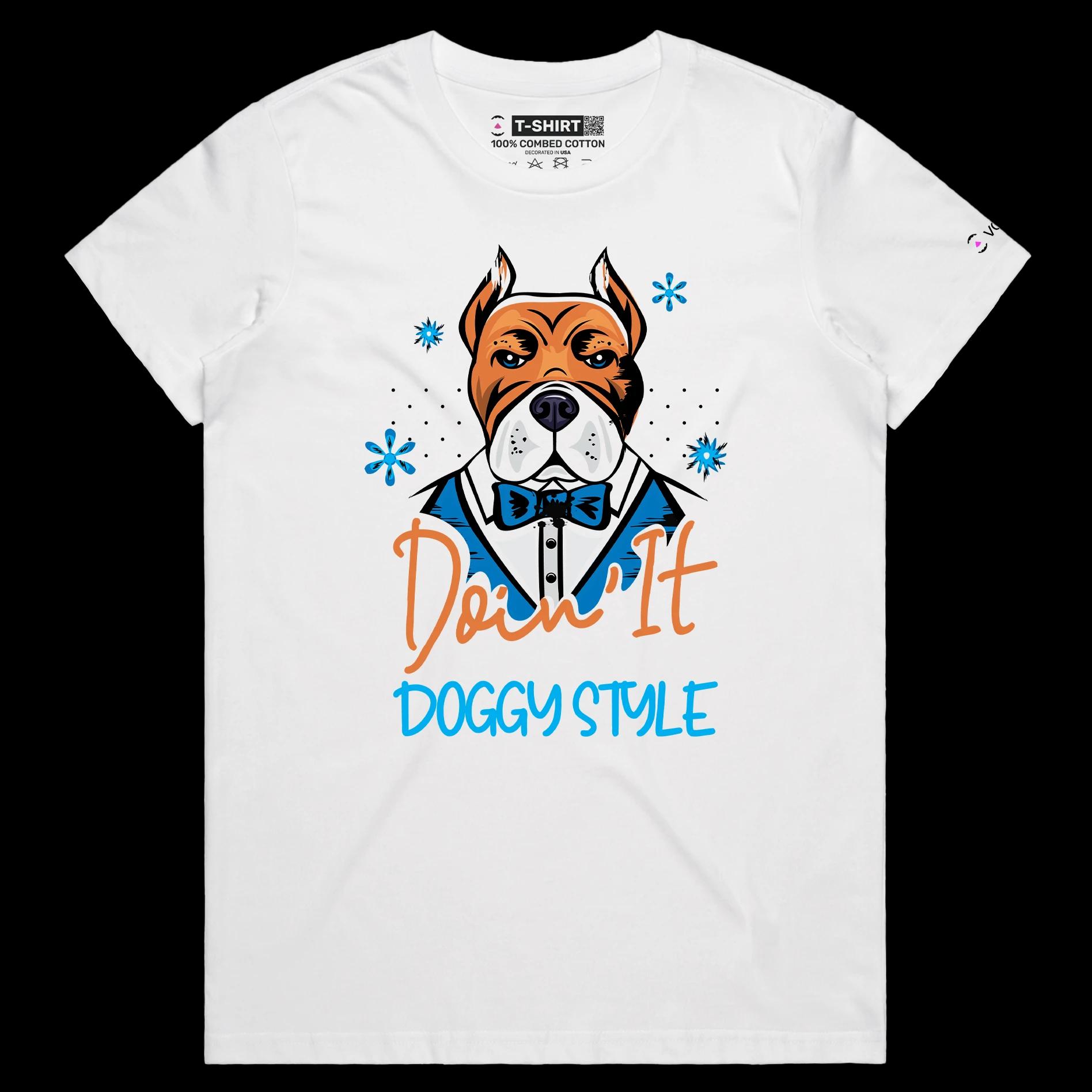 VOICEART White Female Regular Dog in a Tuxedo Funny Animals Shirt Premium Quality Graphic DoggyStyle Wordplay Tee Pet Owners