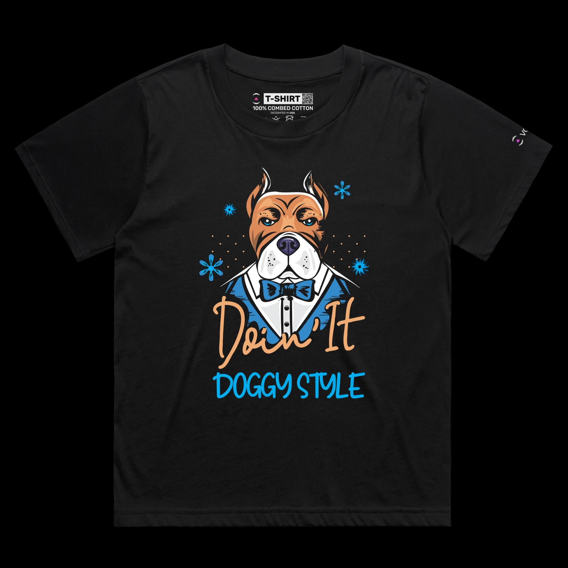 VOICEART Black Female Loose Dog in a Tuxedo Funny Animals Shirt Premium Quality Graphic DoggyStyle Wordplay Tee Pet Owners