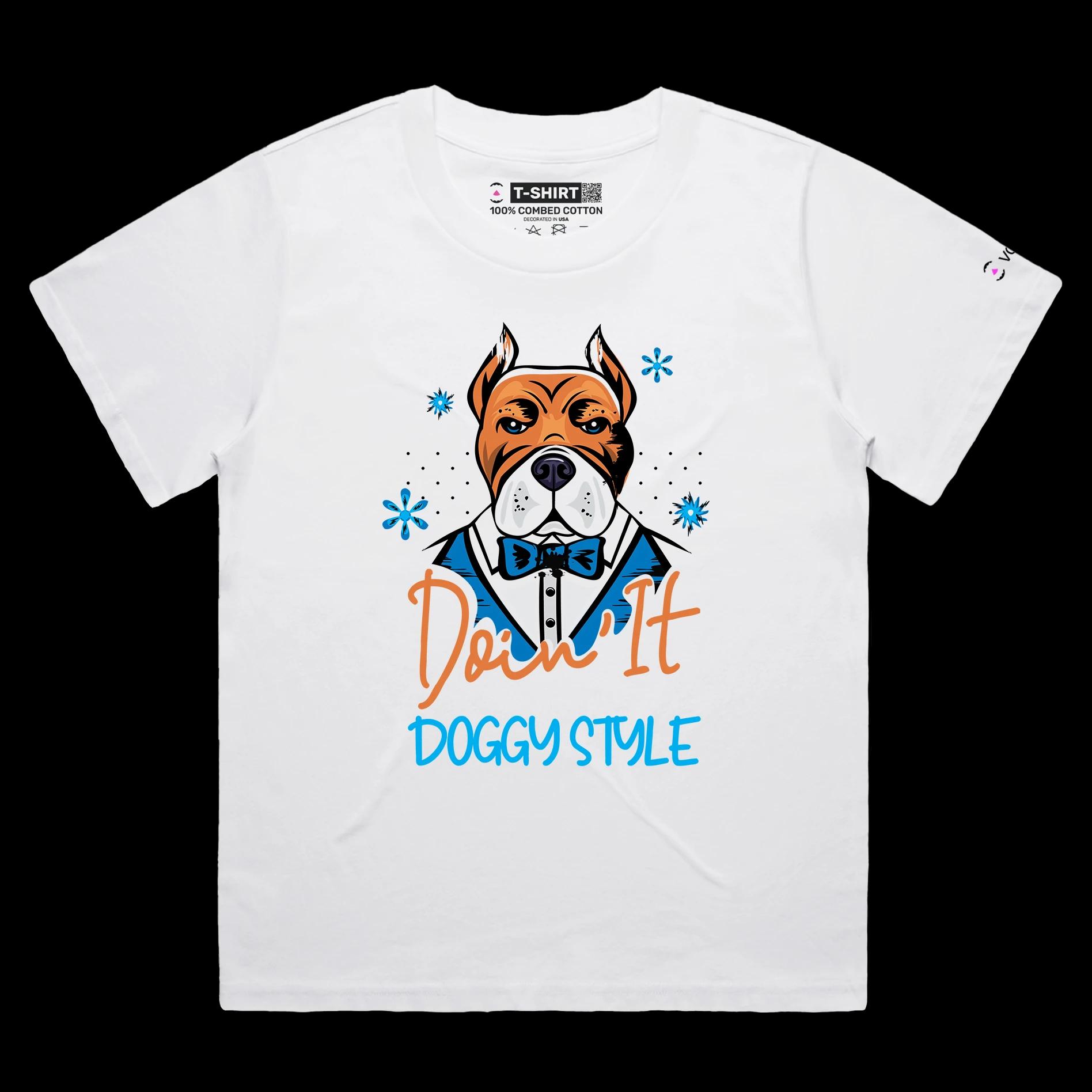 VOICEART White Female Loose Dog in a Tuxedo Funny Animals Shirt Premium Quality Graphic DoggyStyle Wordplay Tee Pet Owners