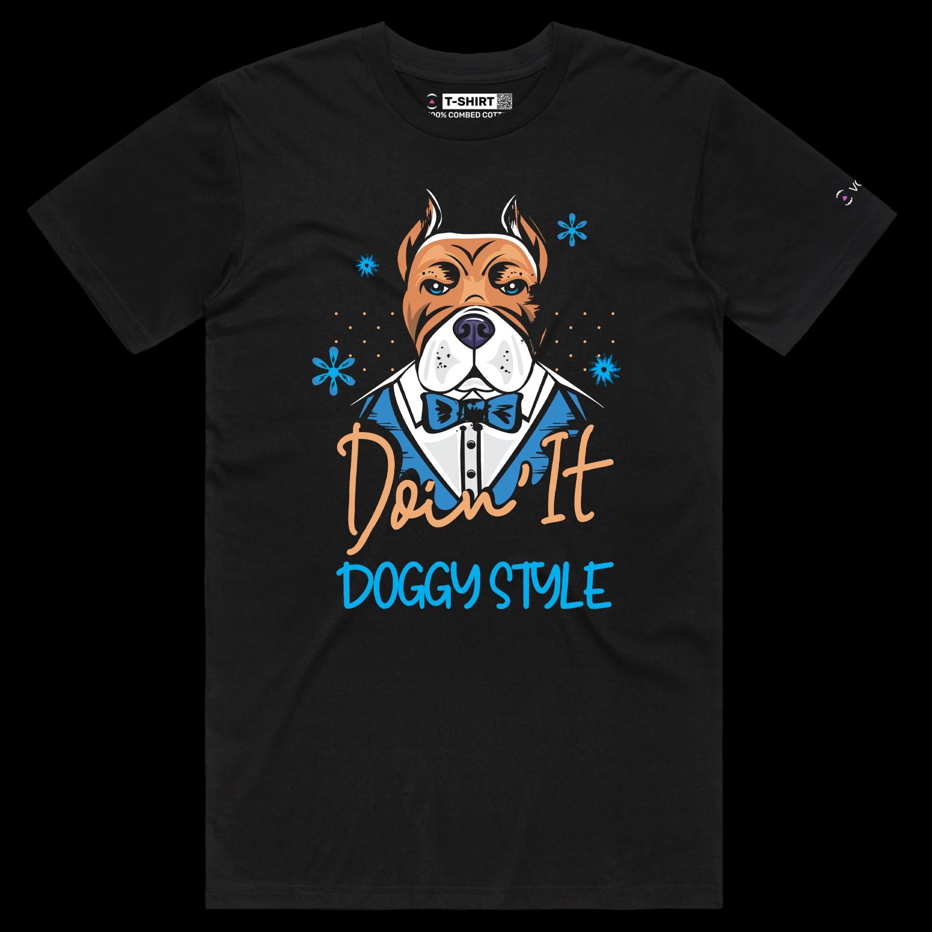 VOICEART Black Male Regular Dog in a Tuxedo Funny Animals Shirt Premium Quality Graphic DoggyStyle Wordplay Tee Pet Owners
