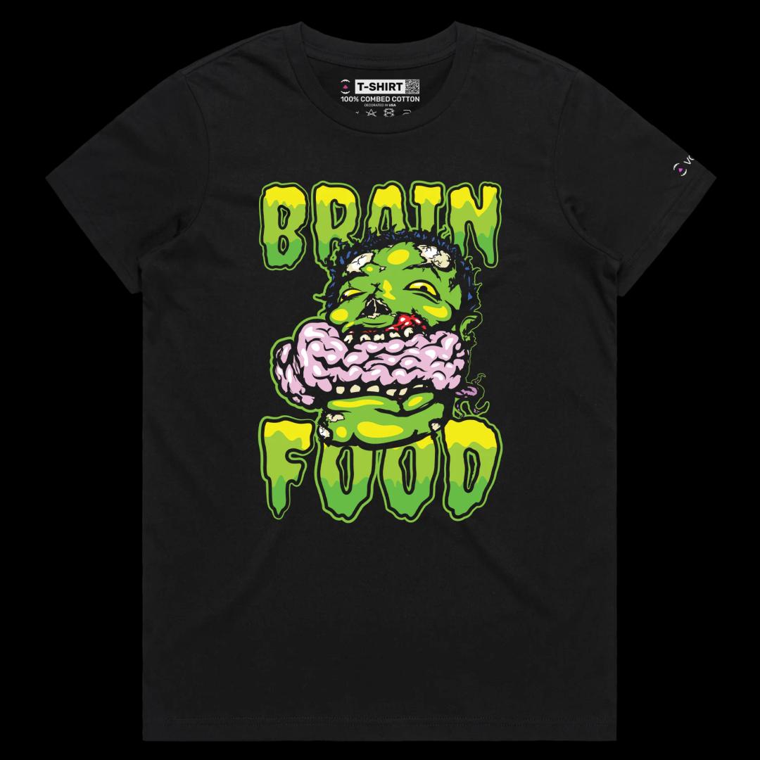 VOICEART Black Female Regular Zombie Eating Brain Funny T-Shirt with Premium Quality Graphic Design Dark Humor Brain Food