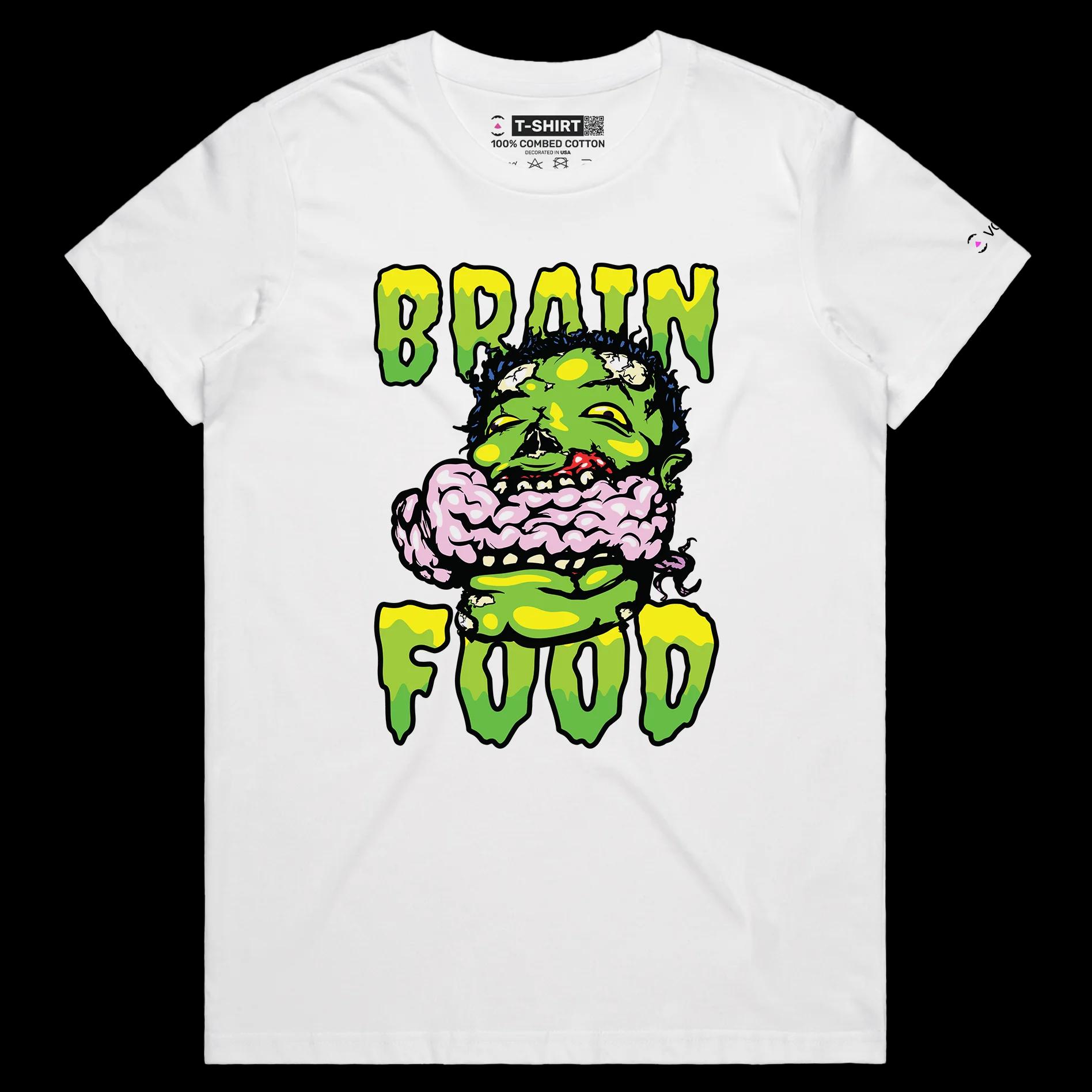VOICEART White Female Regular Zombie Eating Brain Funny T-Shirt with Premium Quality Graphic Design Dark Humor Brain Food