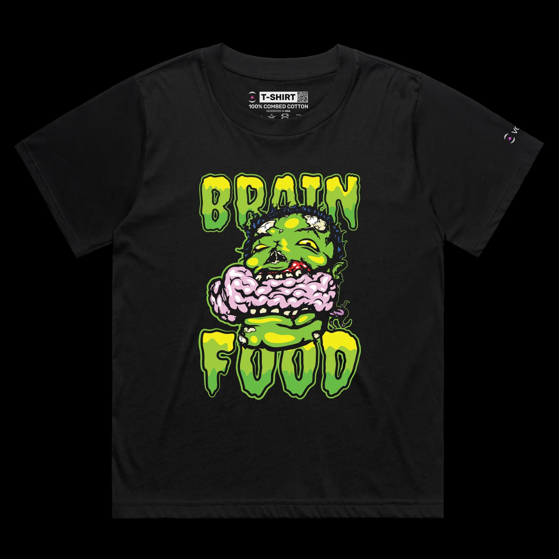 VOICEART Black Female Loose Zombie Eating Brain Funny T-Shirt with Premium Quality Graphic Design Dark Humor Brain Food