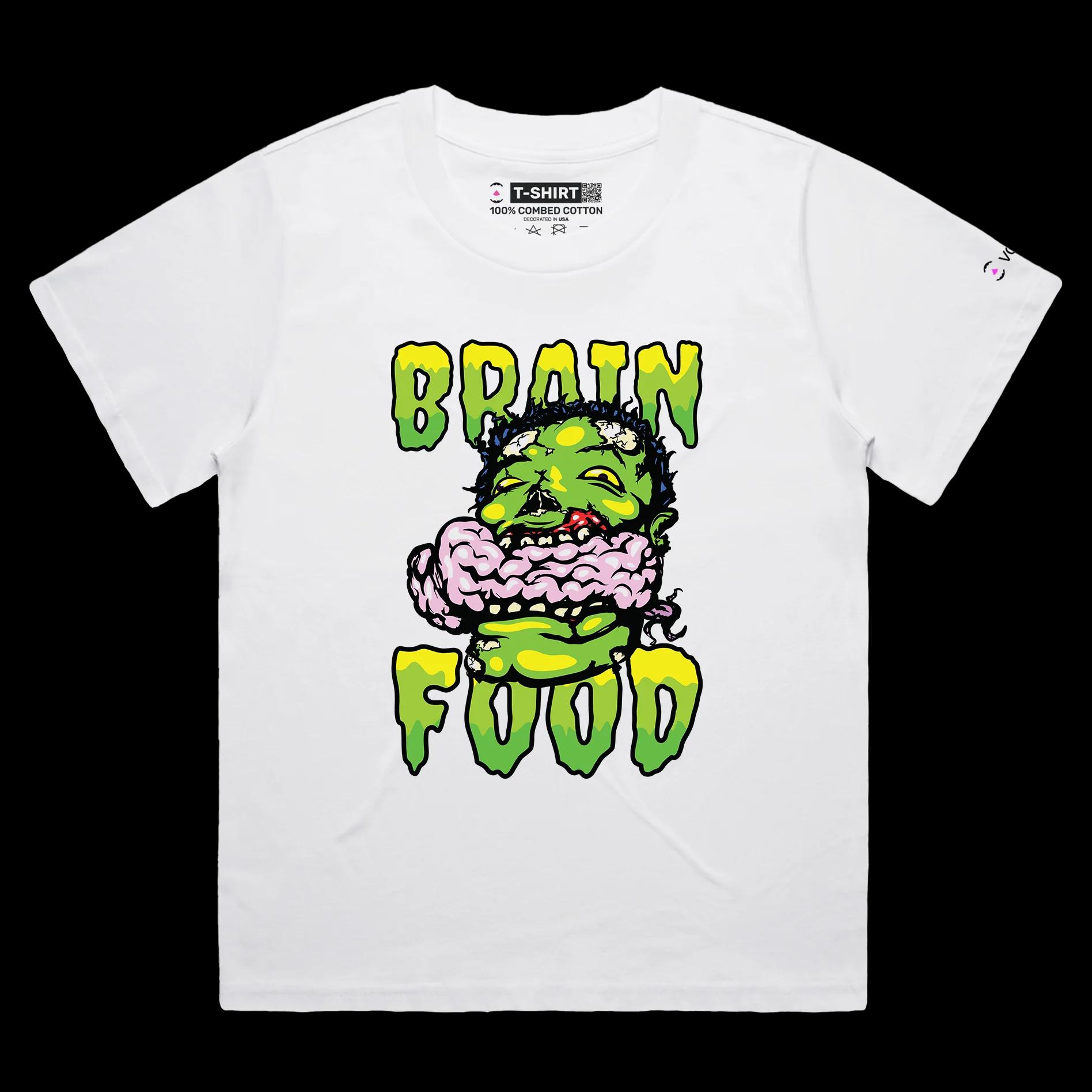VOICEART White Female Loose Zombie Eating Brain Funny T-Shirt with Premium Quality Graphic Design Dark Humor Brain Food