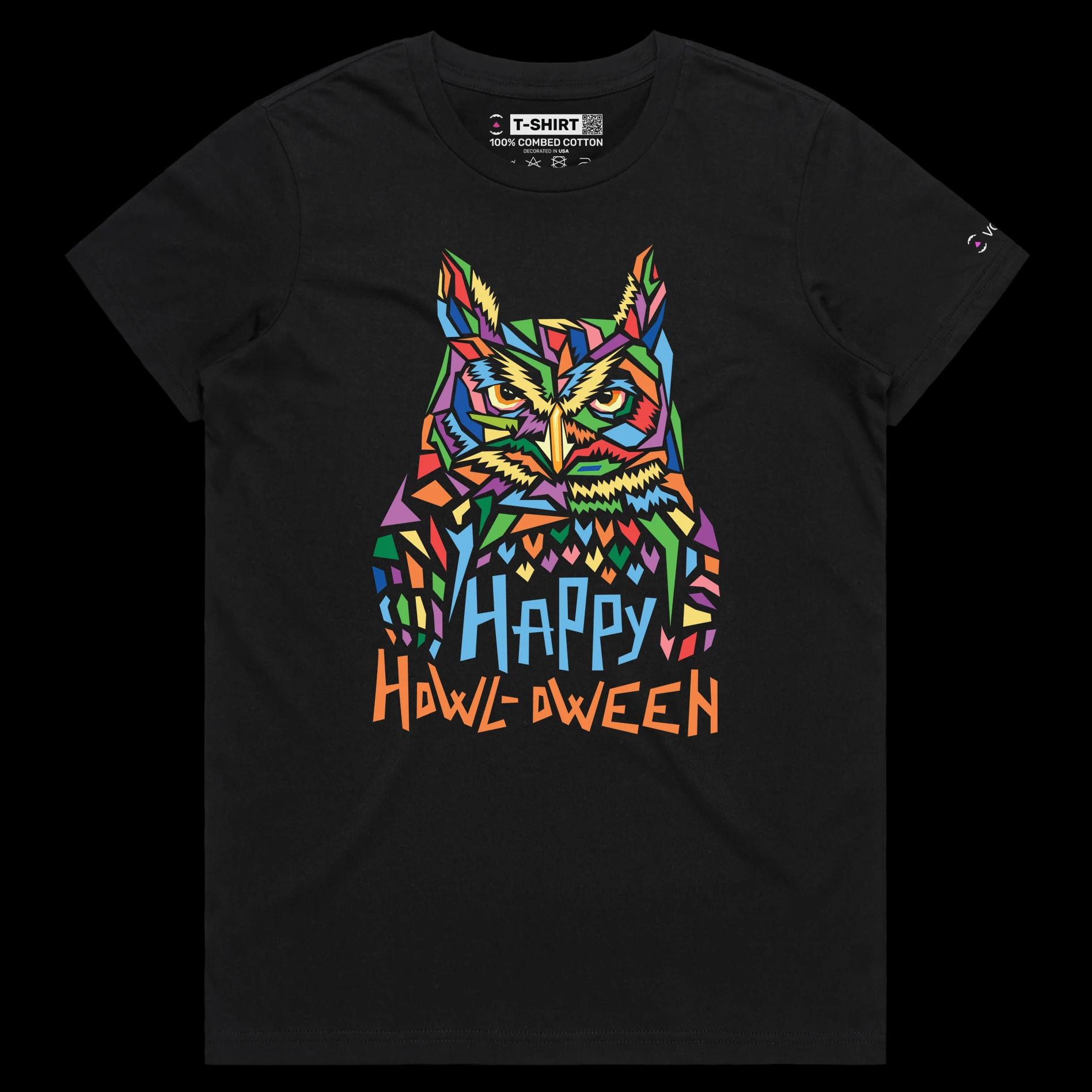 VOICEART Black Female Regular Creepy Owl Funny Animals Halloween T-Shirt Premium Graphic Design Happy Holidays Wordplay Tee