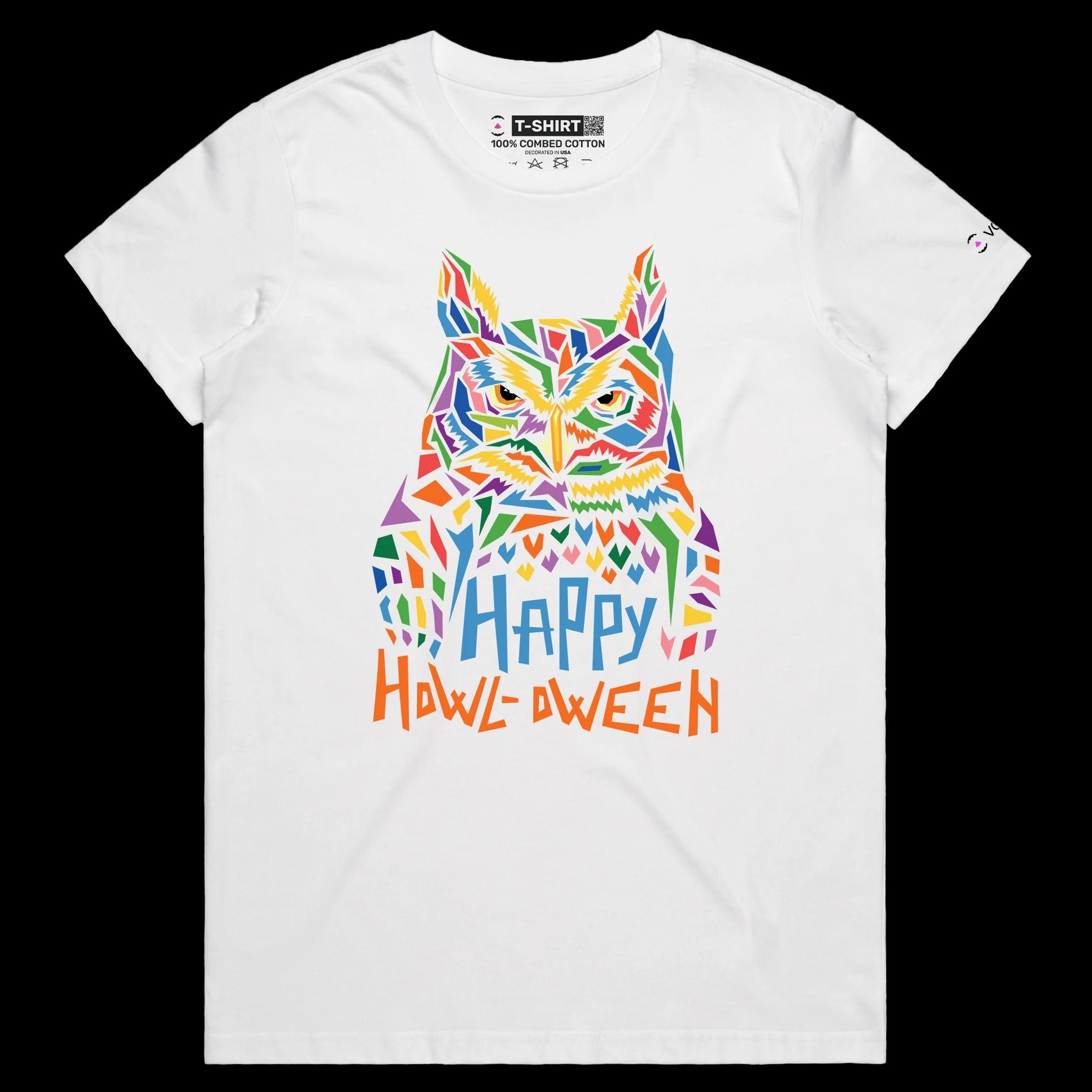 VOICEART White Female Regular Creepy Owl Funny Animals Halloween T-Shirt Premium Graphic Design Happy Holidays Wordplay Tee