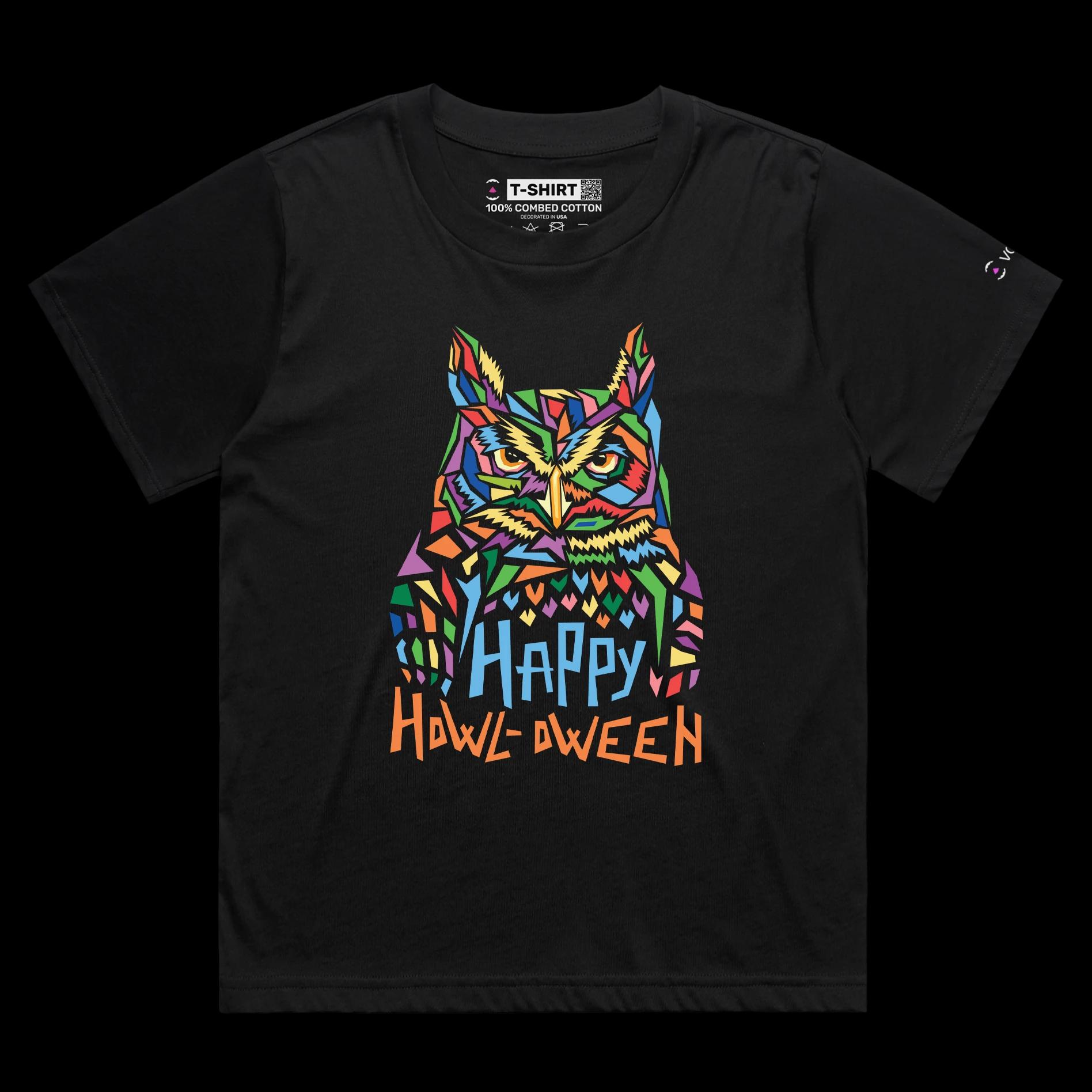 VOICEART Black Female Loose Creepy Owl Funny Animals Halloween T-Shirt Premium Graphic Design Happy Holidays Wordplay Tee