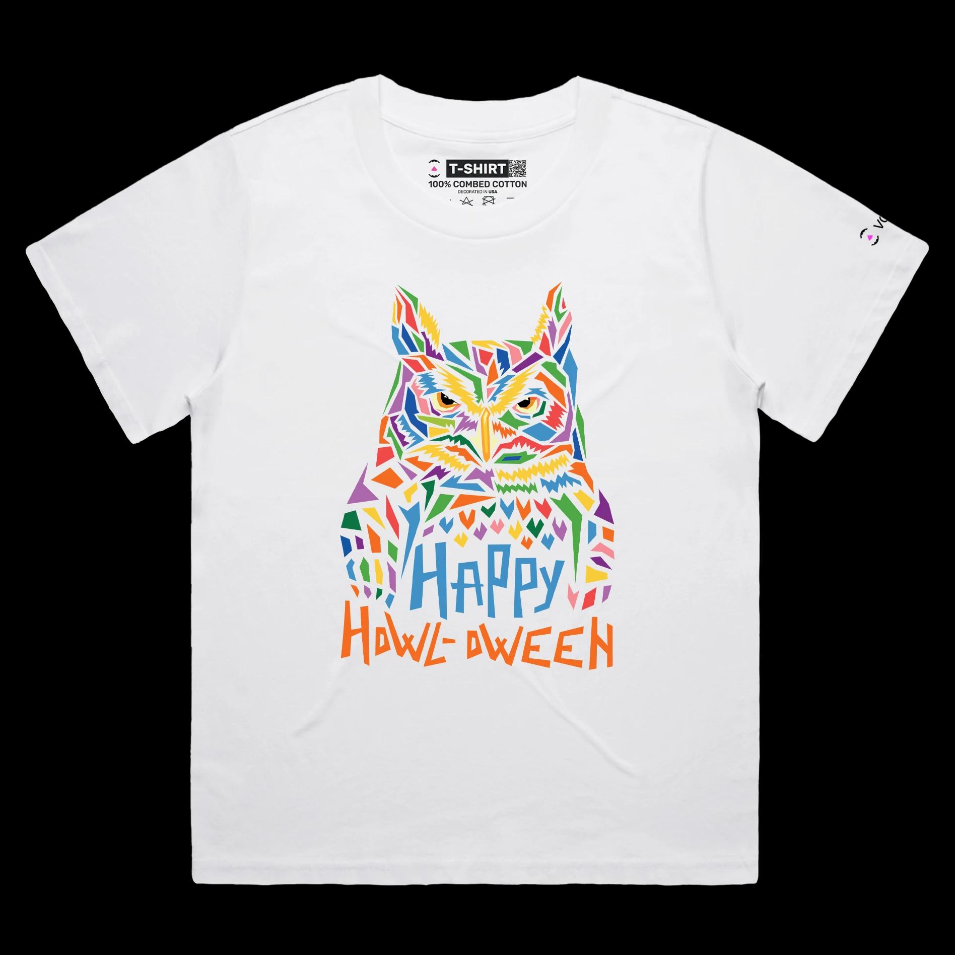 VOICEART White Female Loose Creepy Owl Funny Animals Halloween T-Shirt Premium Graphic Design Happy Holidays Wordplay Tee