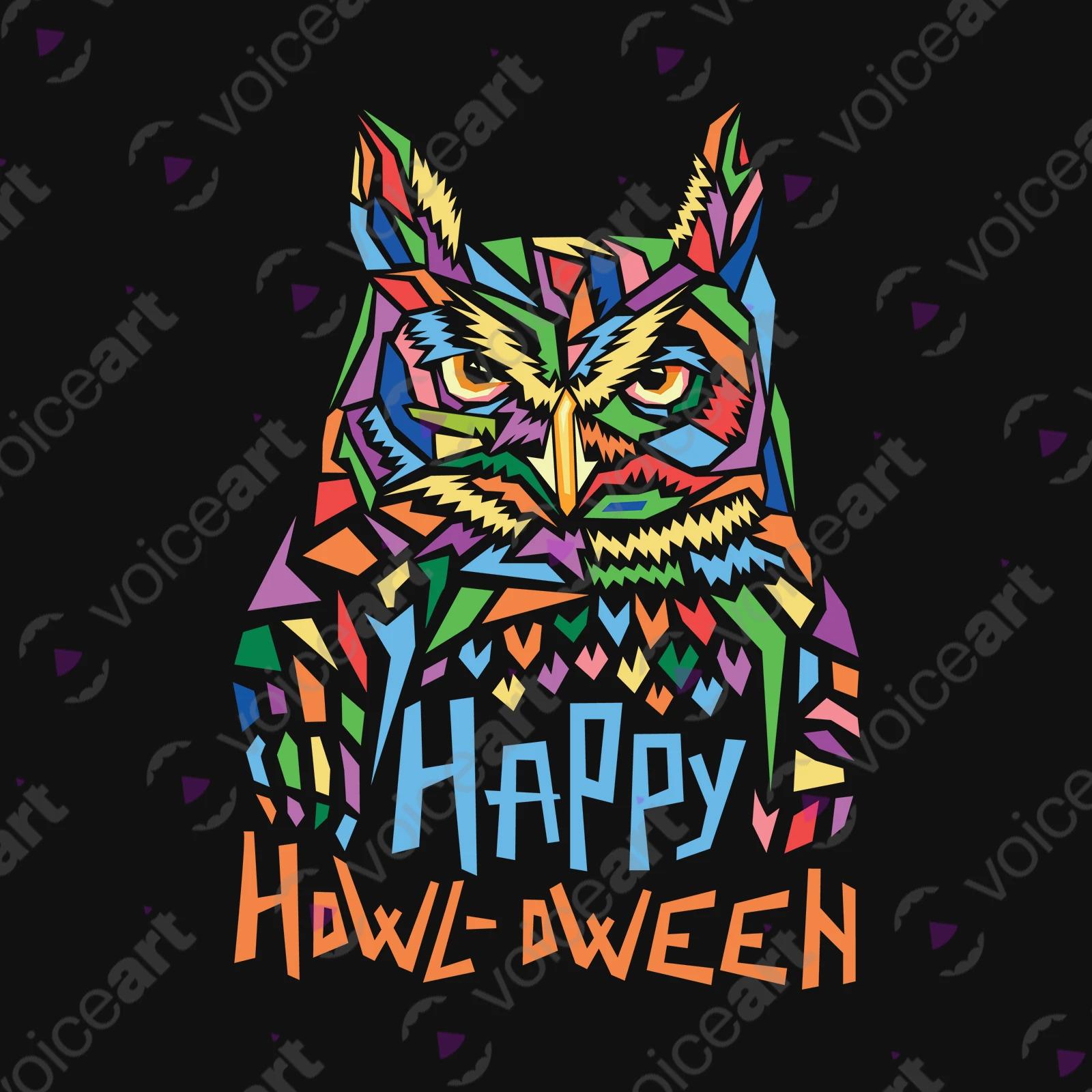 VOICEART Black Watermark Creepy Owl Funny Animals Halloween T-Shirt Premium Graphic Design Happy Holidays Wordplay Tee
