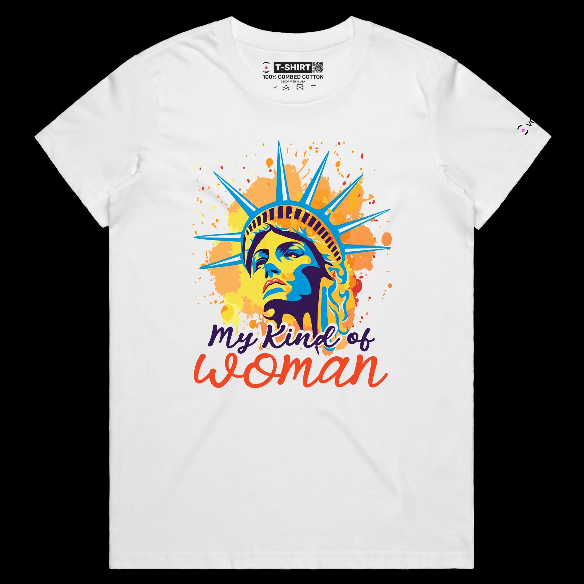 VOICEART White Female Regular Statue of Liberty Funny T-Shirt Premium Quality USA Beacon of Light and Freedom Patriotic Tee