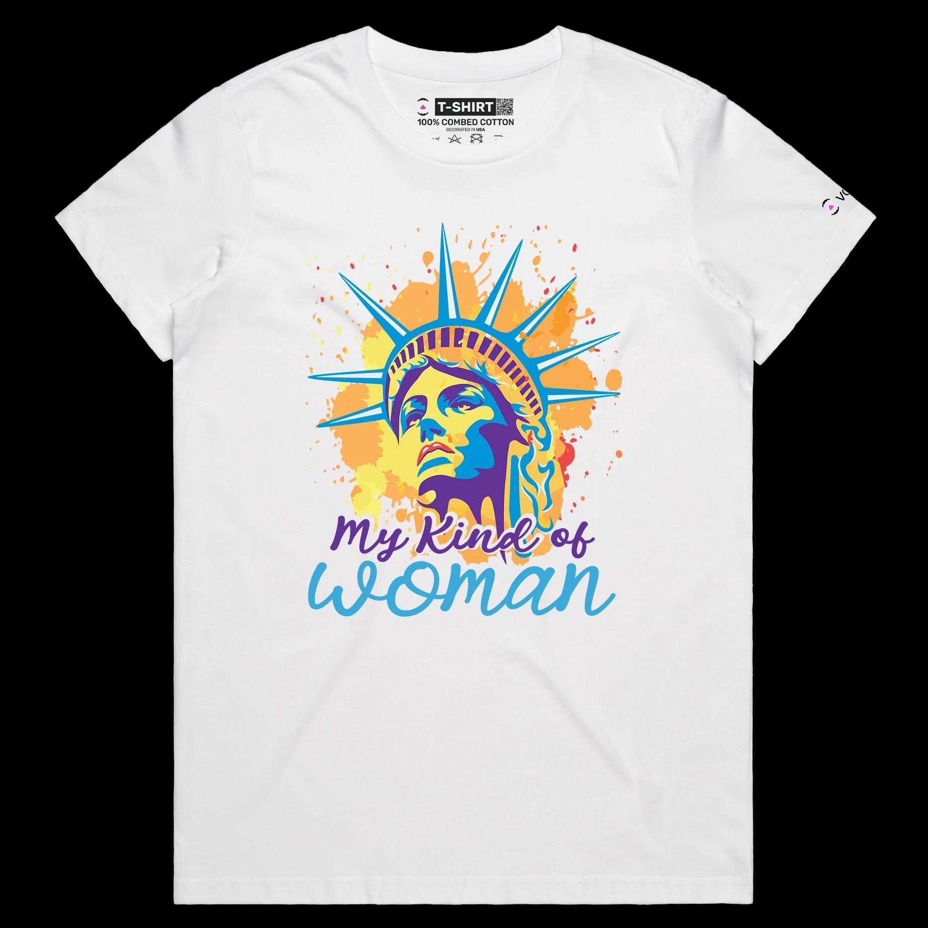VOICEART White Female Regular Statue of Liberty Funny T-Shirt Premium Quality USA Beacon of Light and Freedom Patriotic Tee