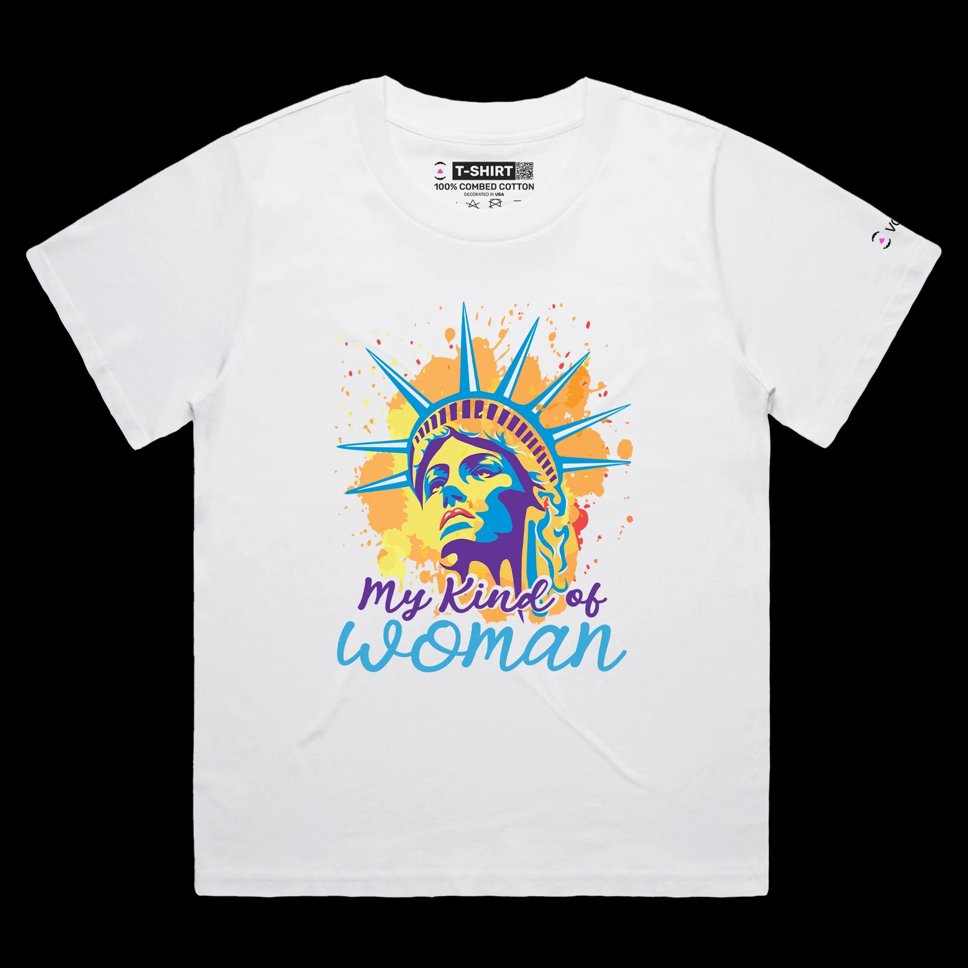 VOICEART White Female Loose Statue of Liberty Funny T-Shirt Premium Quality USA Beacon of Light and Freedom Patriotic Tee