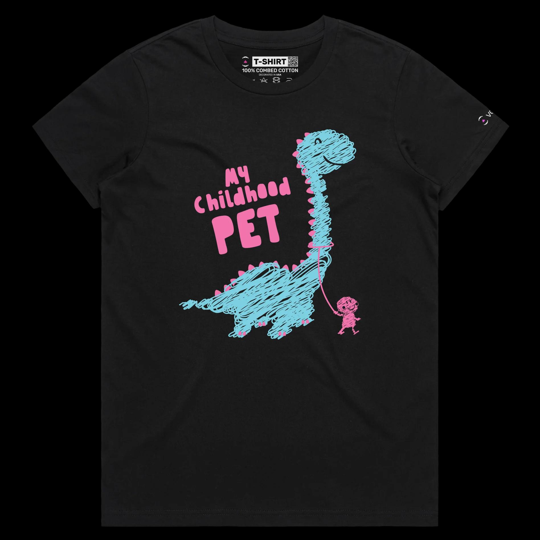 VOICEART Black Female Regular Dinosaur as a Childhood Pet Funny Animals Shirt Premium Graphic Jurassic Double Meaning Tee