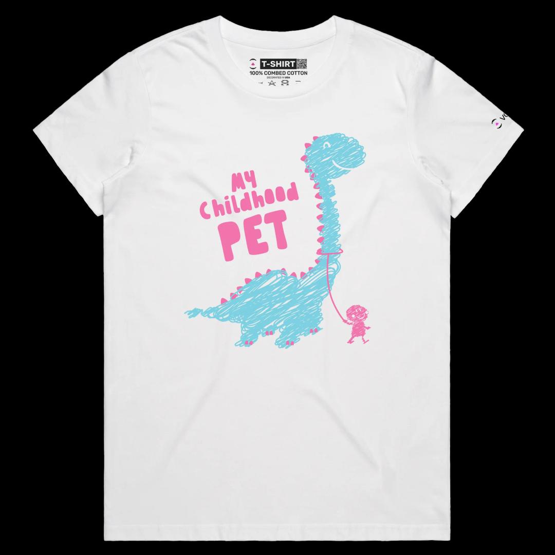 VOICEART White Female Regular Dinosaur as a Childhood Pet Funny Animals Shirt Premium Graphic Jurassic Double Meaning Tee