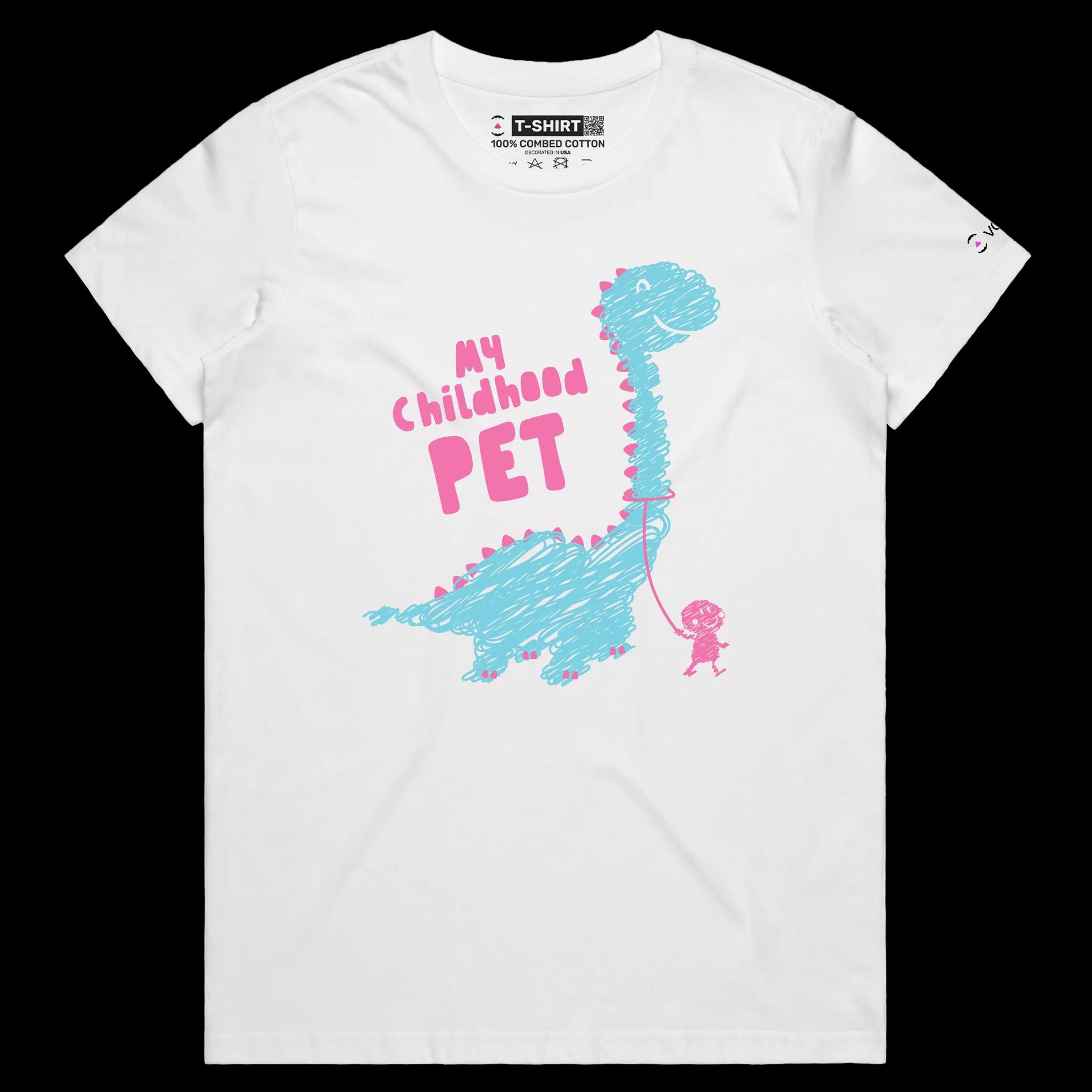 VOICEART White Female Regular Dinosaur as a Childhood Pet Funny Animals Shirt Premium Graphic Jurassic Double Meaning Tee