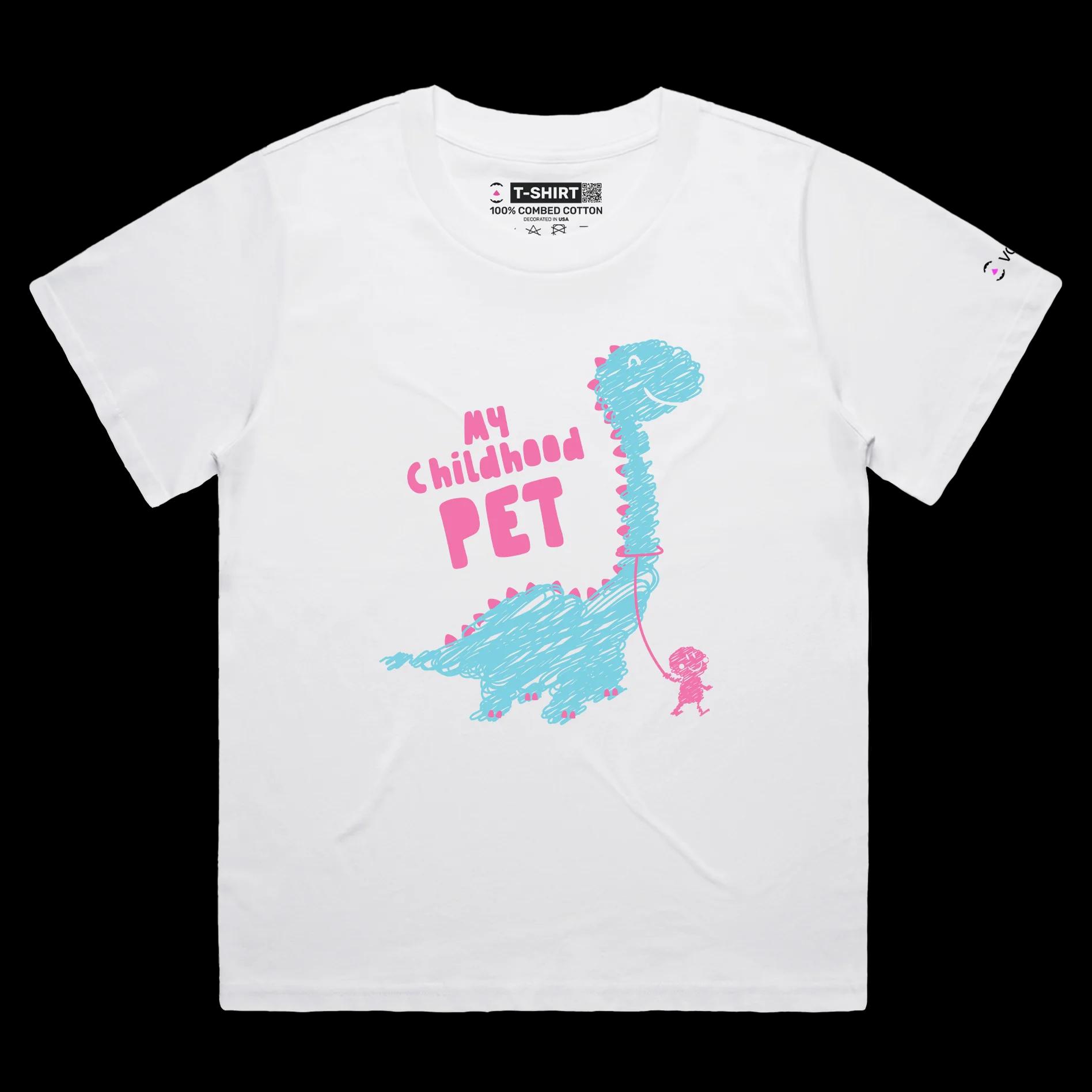 VOICEART White Female Loose Dinosaur as a Childhood Pet Funny Animals Shirt Premium Graphic Jurassic Double Meaning Tee