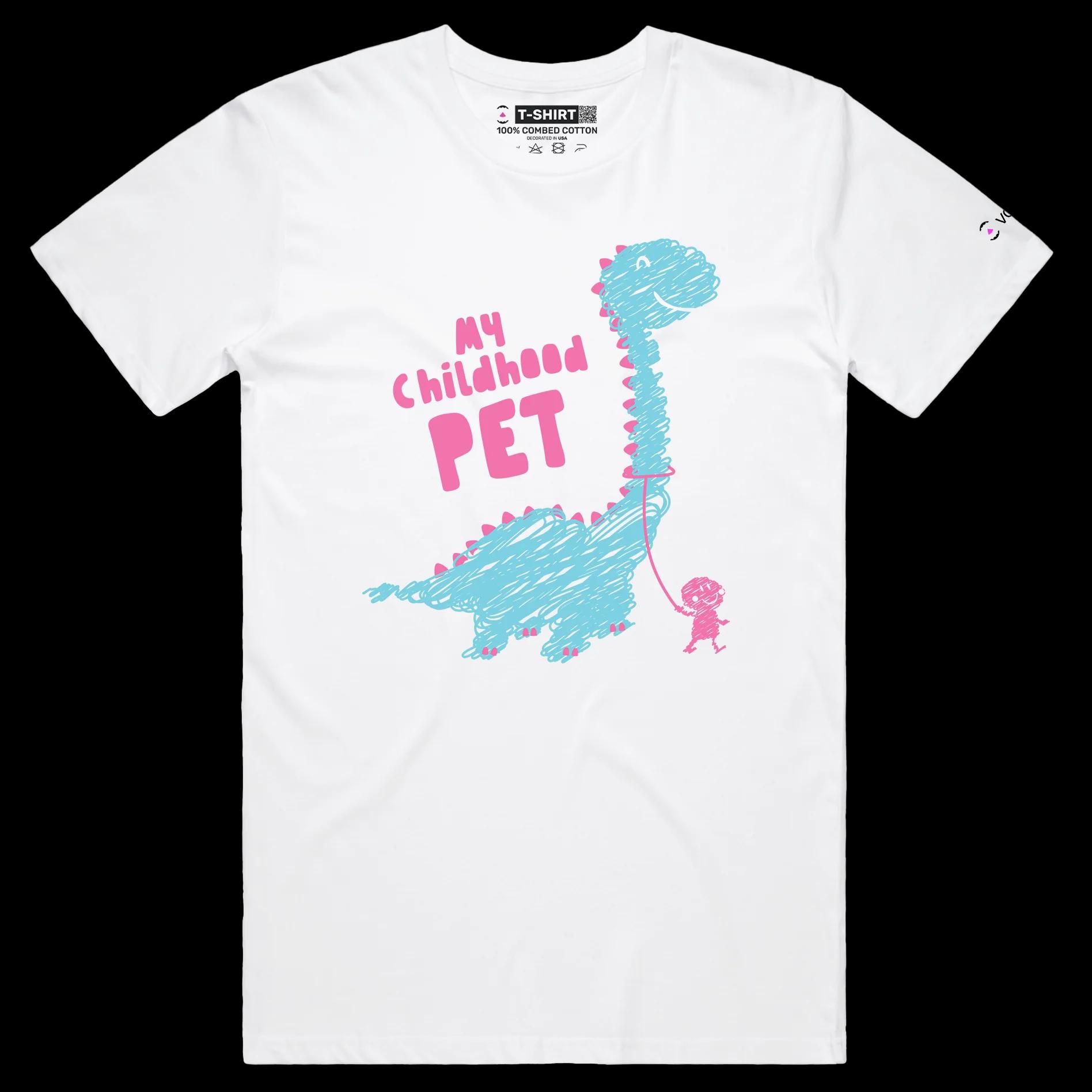 VOICEART White Male Regular Dinosaur as a Childhood Pet Funny Animals Shirt Premium Graphic Jurassic Double Meaning Tee