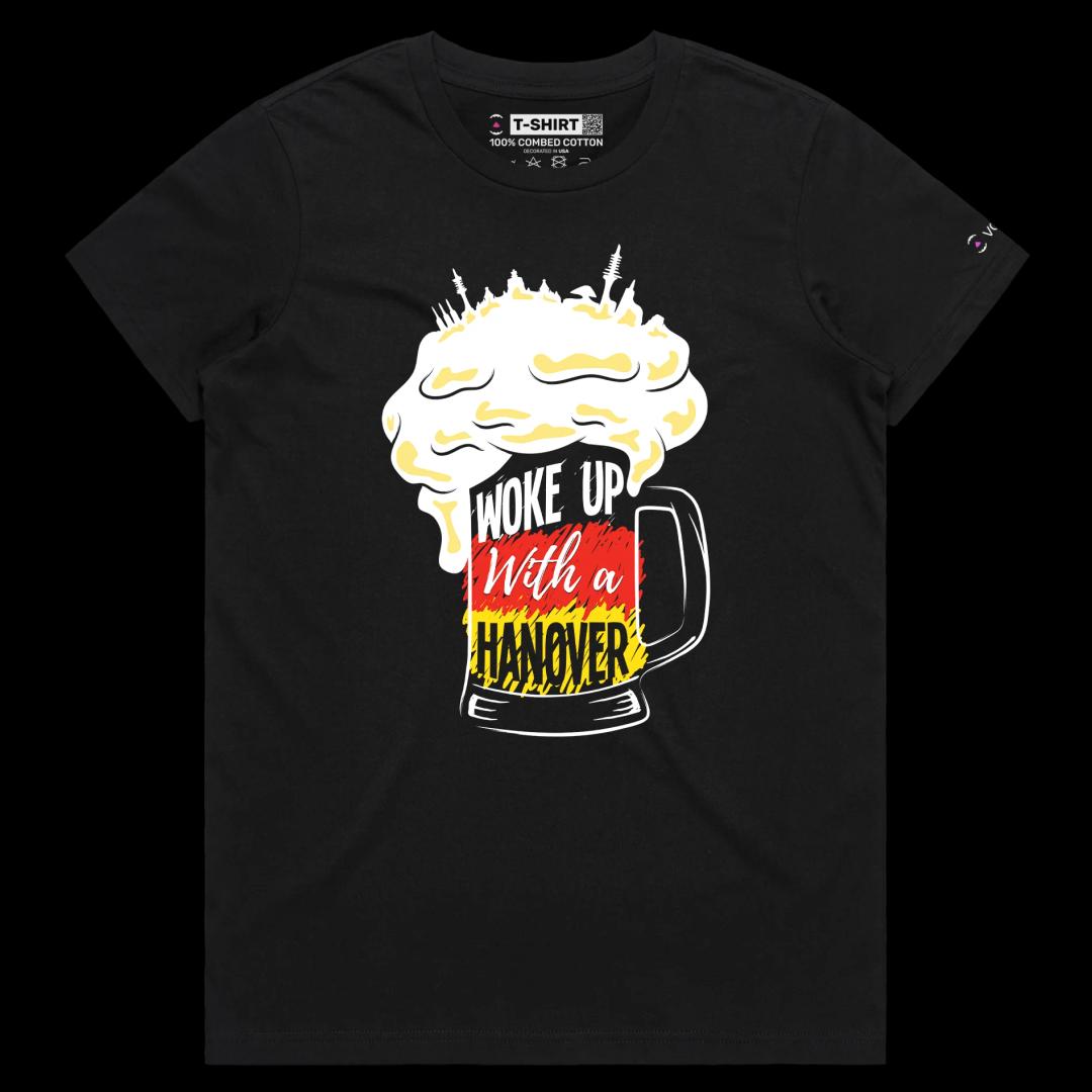 VOICEART Black Female Regular Glass of Beer with German Flag Funny Shirt Premium Quality Waking Up with Hangover Wordplay Tee