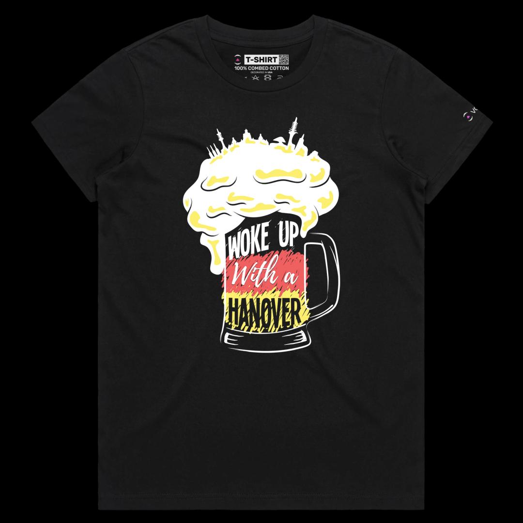 VOICEART Black Female Regular Glass of Beer with German Flag Funny Shirt Premium Quality Waking Up with Hangover Wordplay Tee