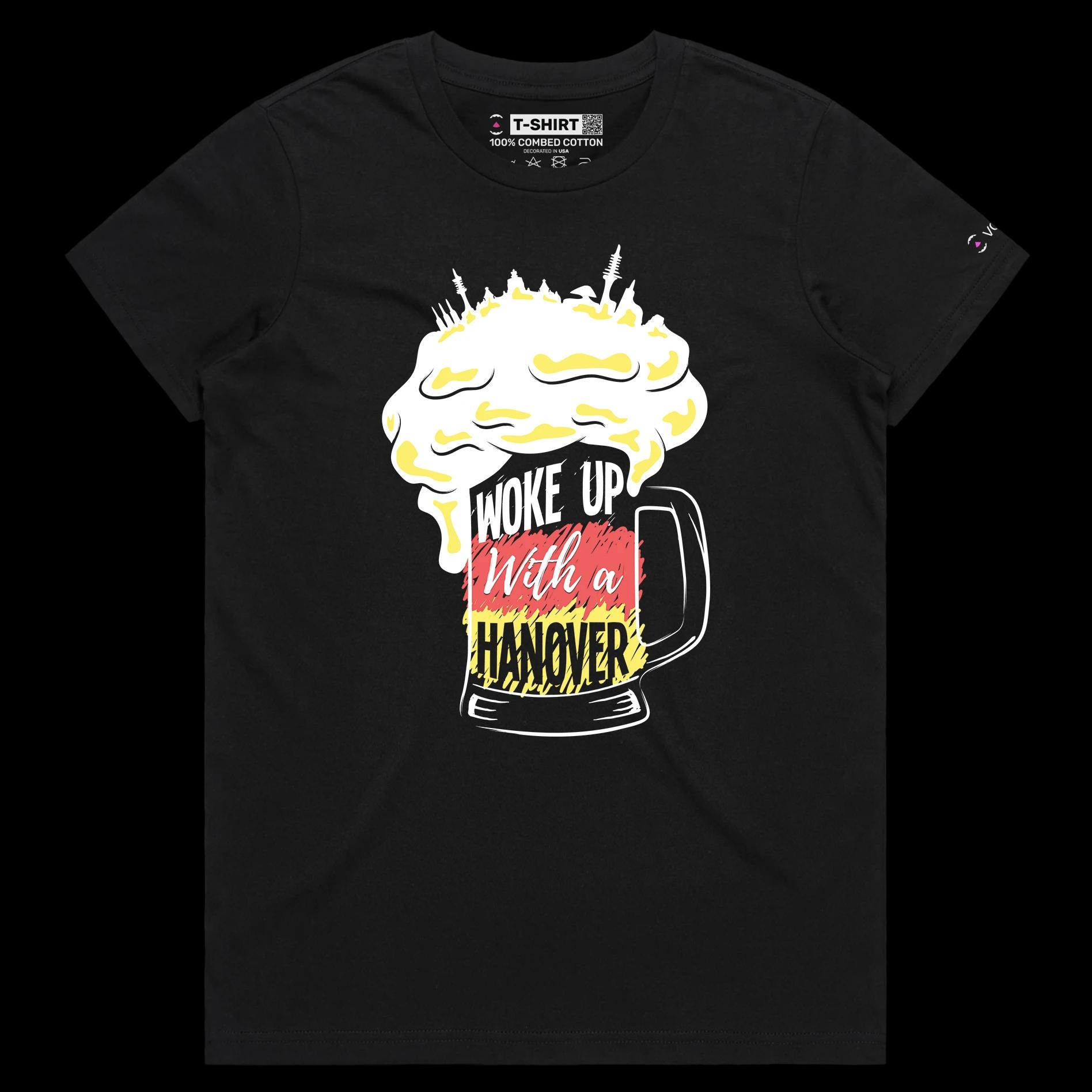 VOICEART Black Female Regular Glass of Beer with German Flag Funny Shirt Premium Quality Waking Up with Hangover Wordplay Tee