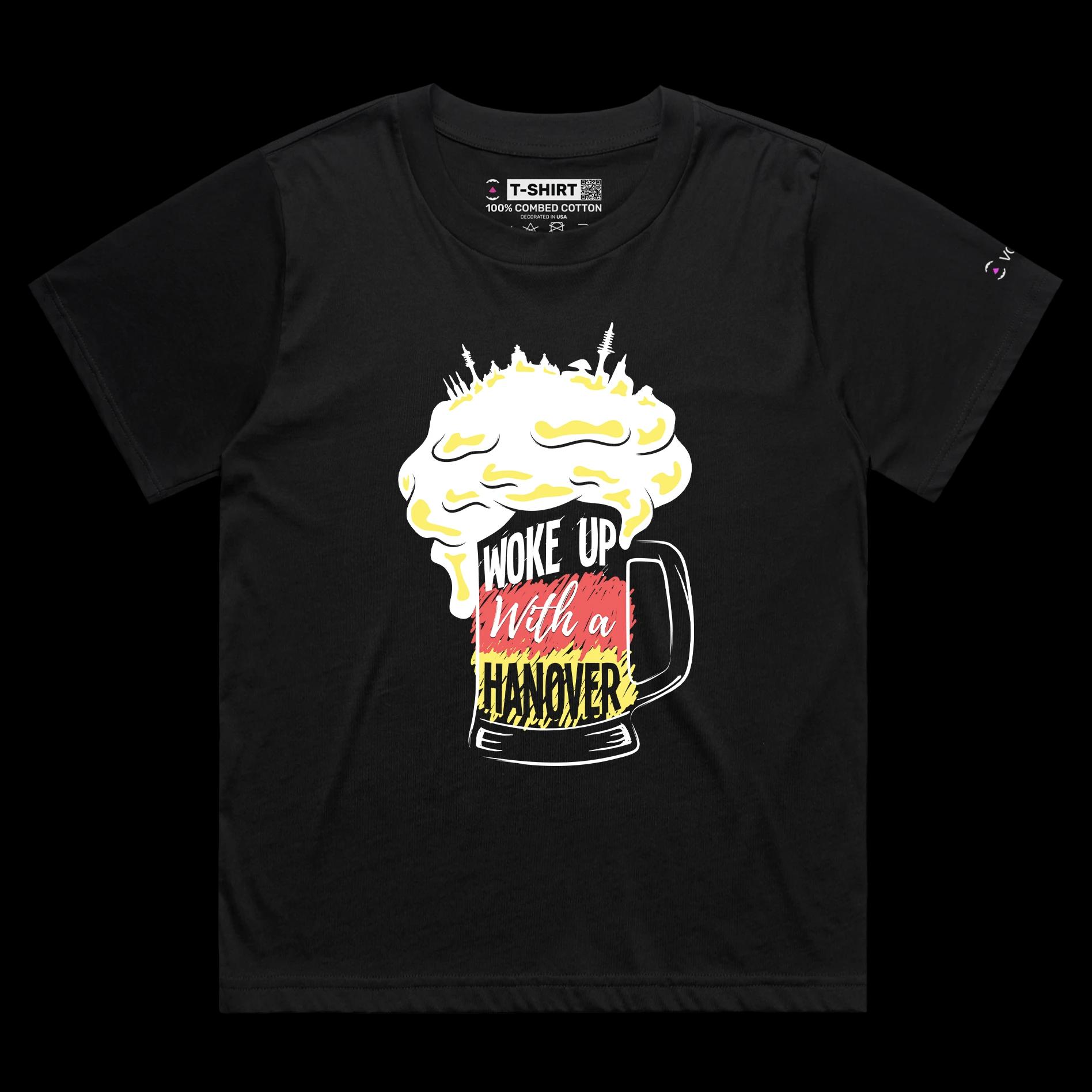 VOICEART Black Female Loose Glass of Beer with German Flag Funny Shirt Premium Quality Waking Up with Hangover Wordplay Tee