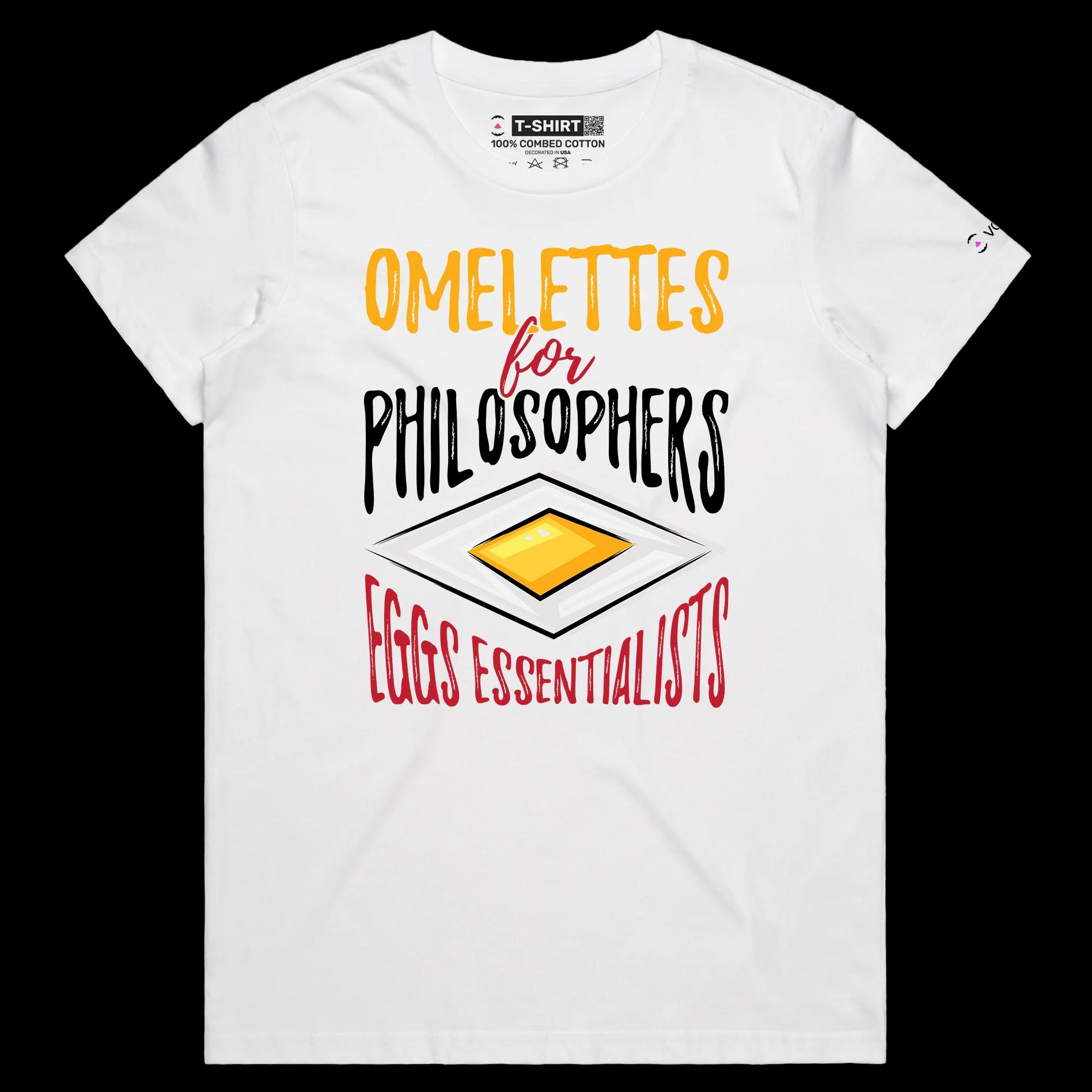VOICEART White Female Regular Eggs Philosophy Funny TShirt with Premium Graphic Design Scrambled Existentialism Wordplay Tee