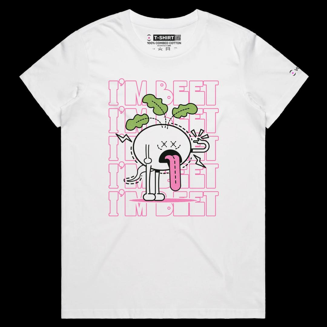VOICEART White Female Regular Tired Beetroot Plant Funny T-Shirt Premium Quality Vibrant Vegetables Tee with Play on Words