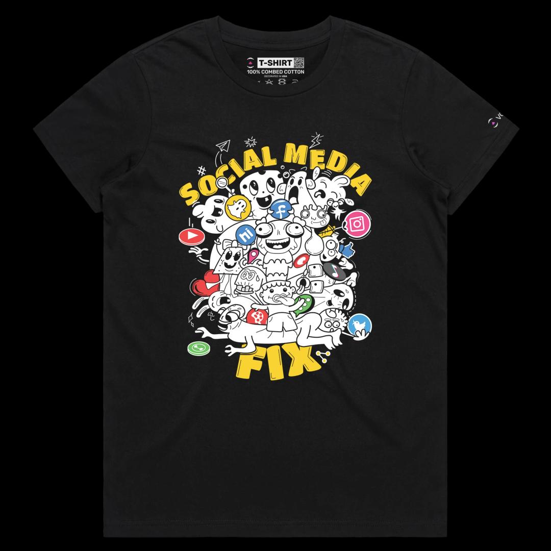 VOICEART Black Female Regular Social Media Fixation Funny shirt Premium Quality Social Issues Addiction Dark Humor Tee v1