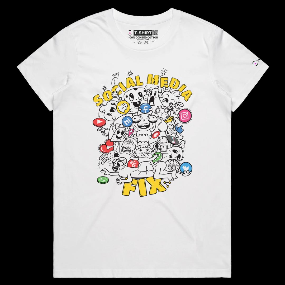 VOICEART White Female Regular Social Media Fixation Funny shirt Premium Quality Social Issues Addiction Dark Humor Tee v1