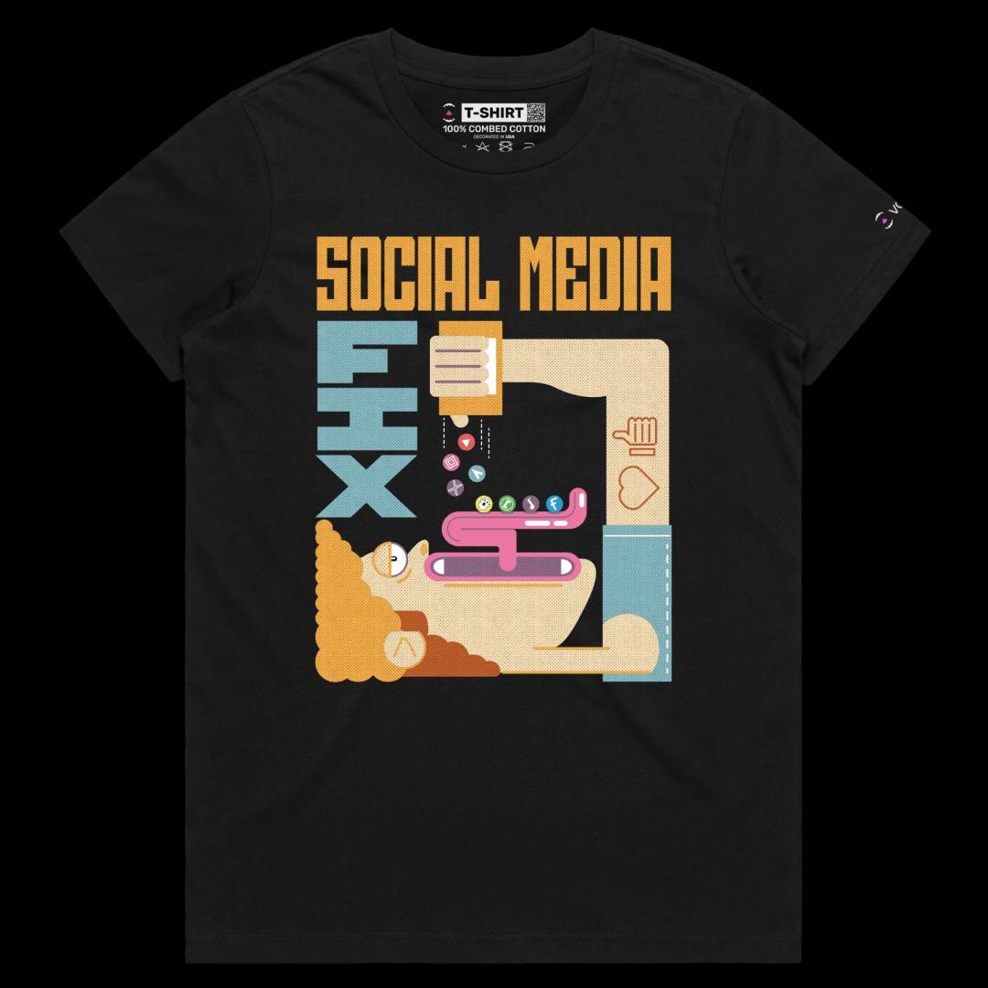 VOICEART Black Female Regular Social Media Fixation Funny shirt Premium Quality Social Issues Addiction Dark Humor Tee v2