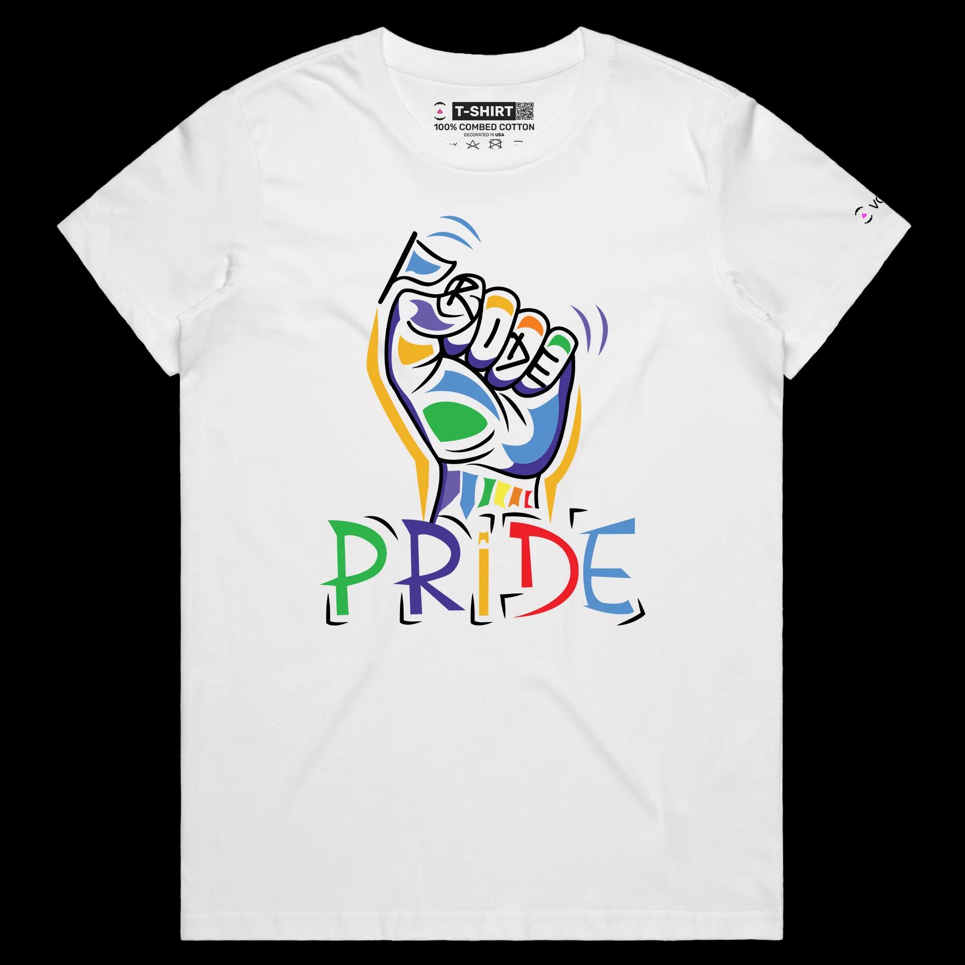 VOICEART White Female Regular Rainbow Fist Gay Lifestyle Shirt with Premium Quality Graphic Design LGBTQ Alliance Pride Tee