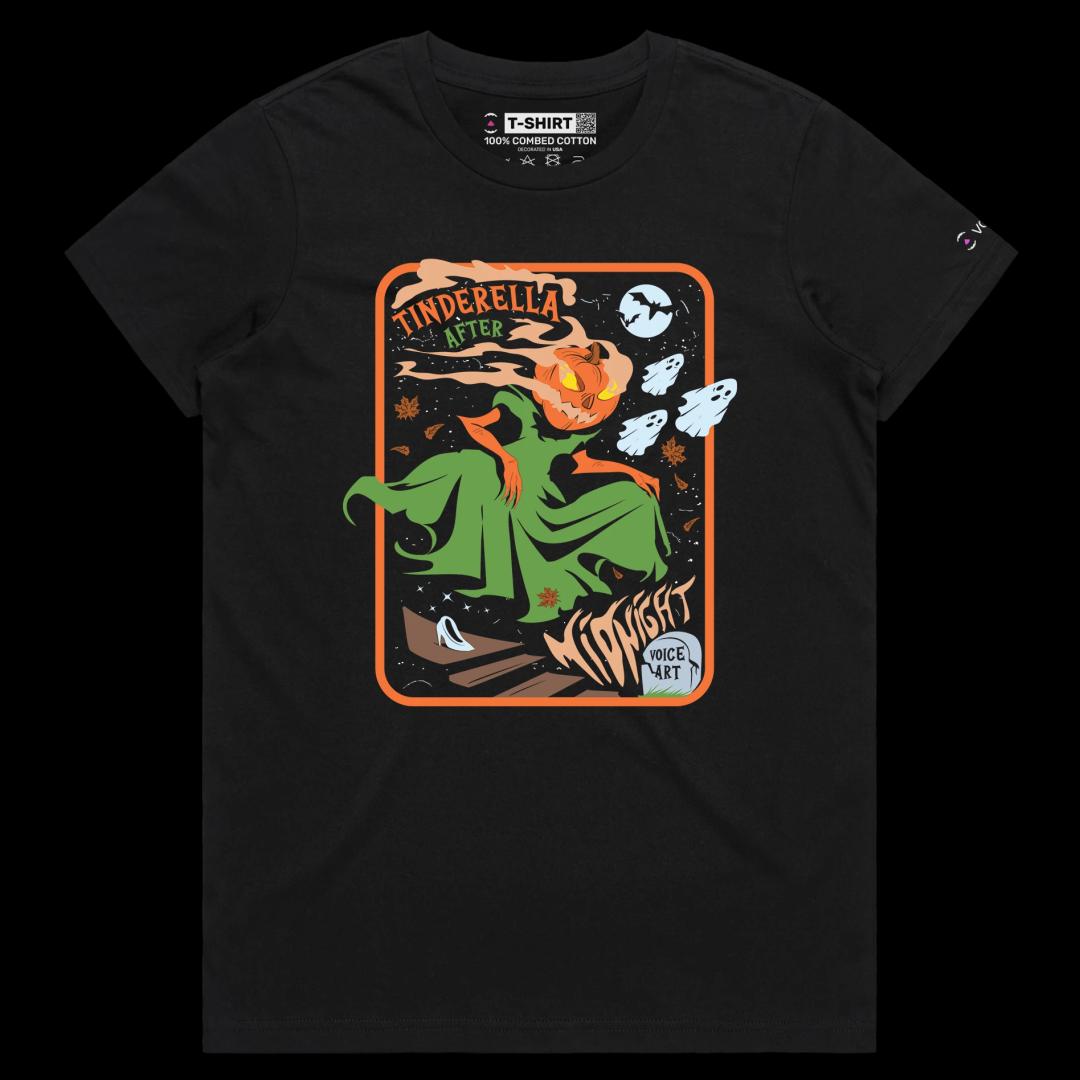 VOICEART Black Female Regular Zombie Pumpkin Midnight Funny Halloween Shirt Premium Graphic Cinderella Play on Words Tee