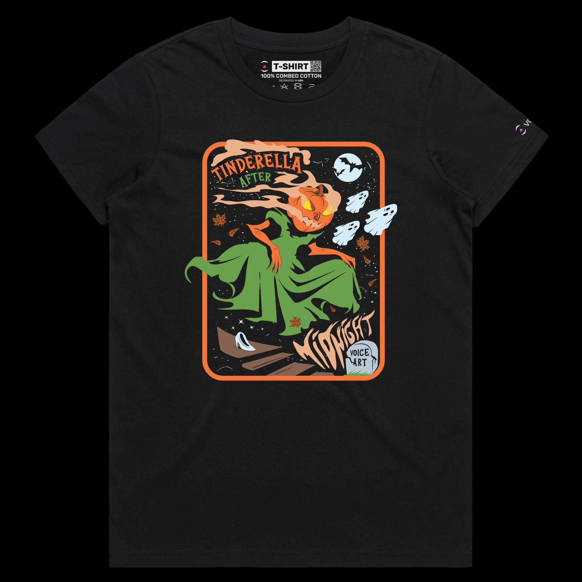VOICEART Black Female Regular Zombie Pumpkin Midnight Funny Halloween Shirt Premium Graphic Cinderella Play on Words Tee