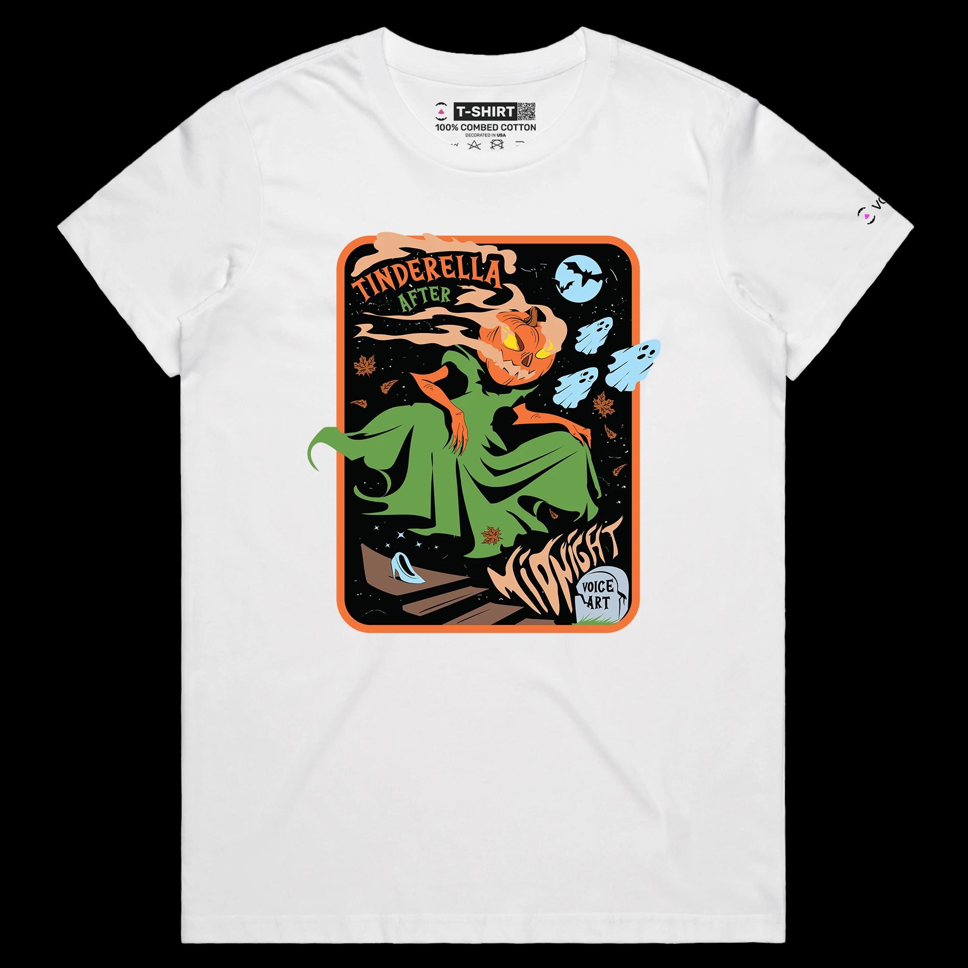 VOICEART White Female Regular Zombie Pumpkin Midnight Funny Halloween Shirt Premium Graphic Cinderella Play on Words Tee