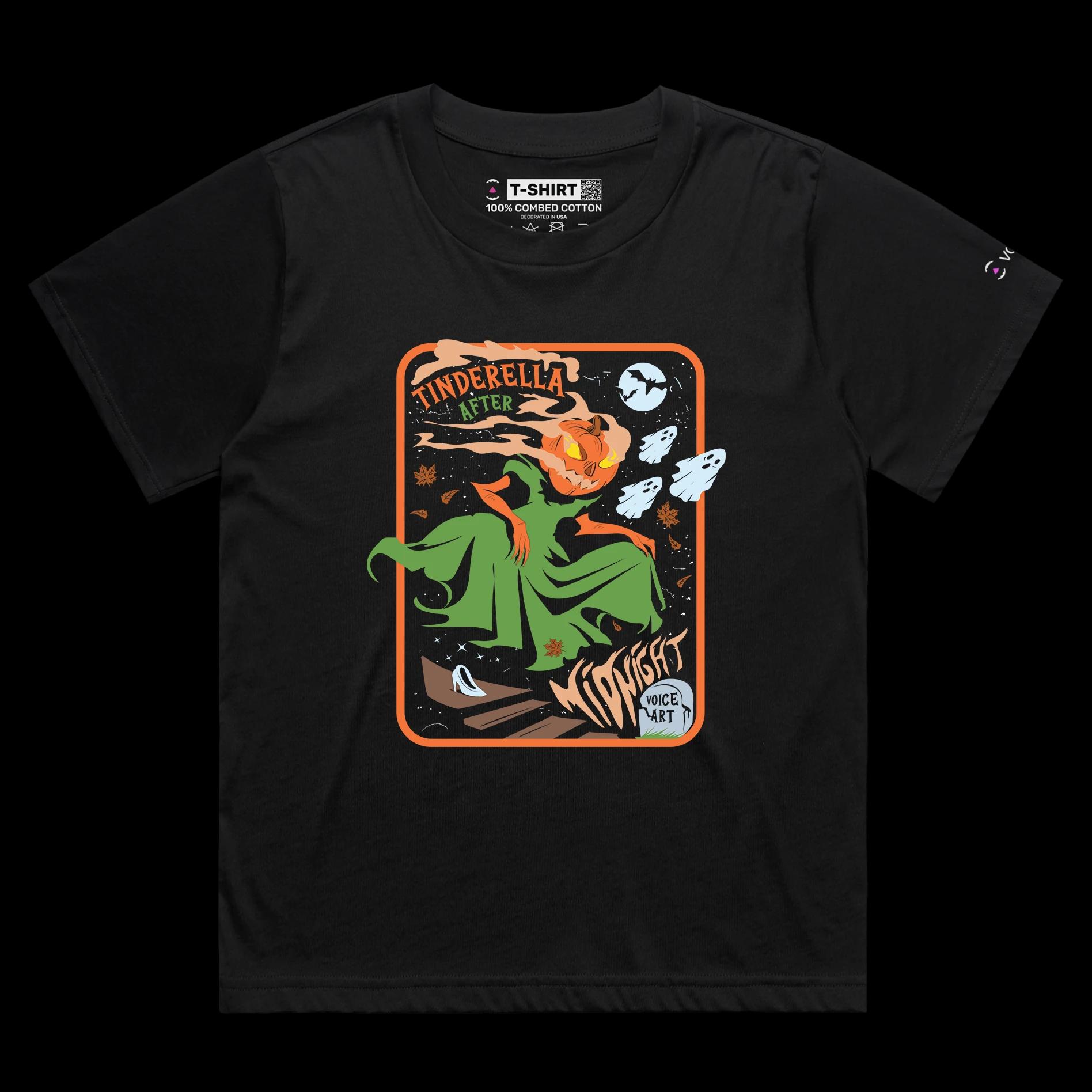 VOICEART Black Female Loose Zombie Pumpkin Midnight Funny Halloween Shirt Premium Graphic Cinderella Play on Words Tee