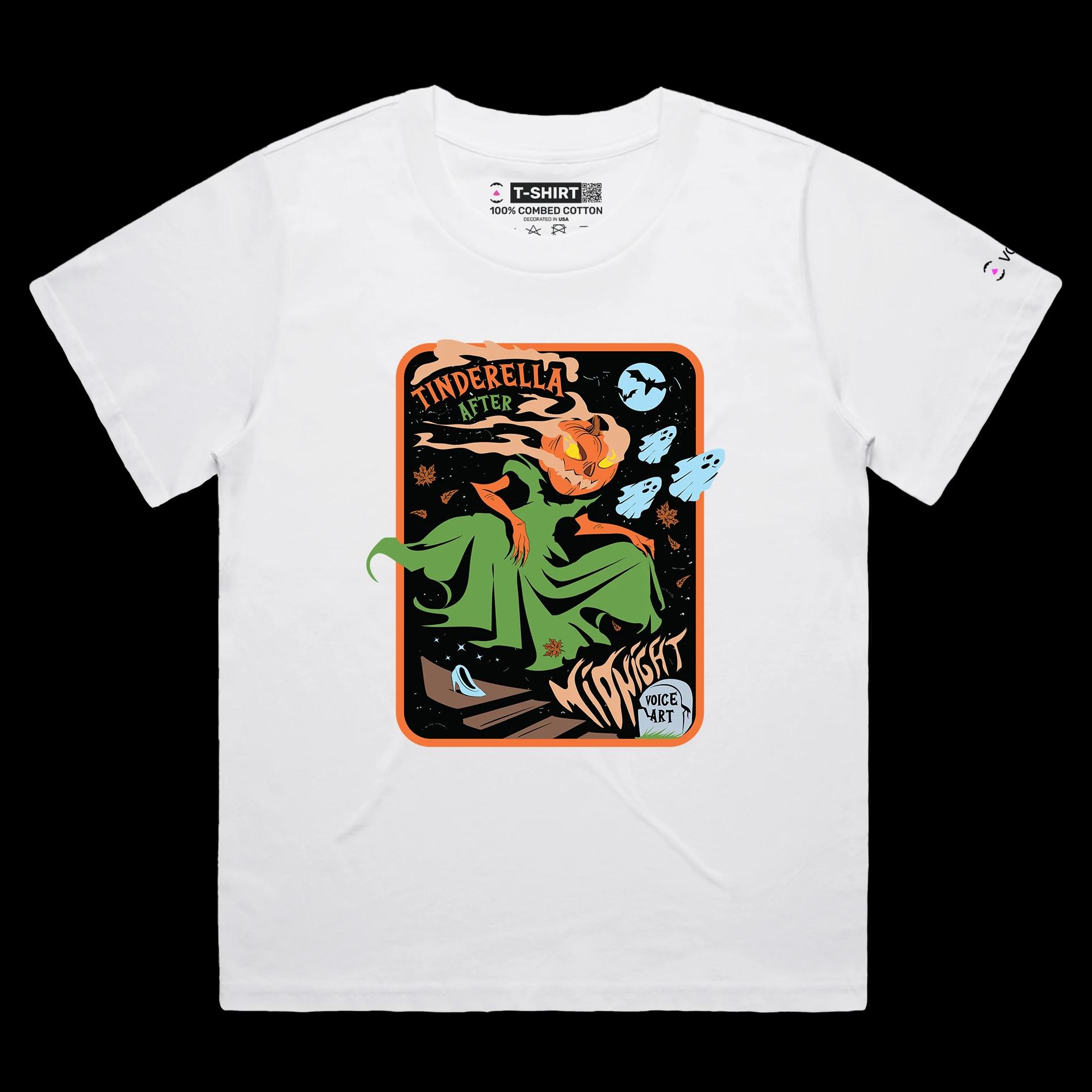VOICEART White Female Loose Zombie Pumpkin Midnight Funny Halloween Shirt Premium Graphic Cinderella Play on Words Tee