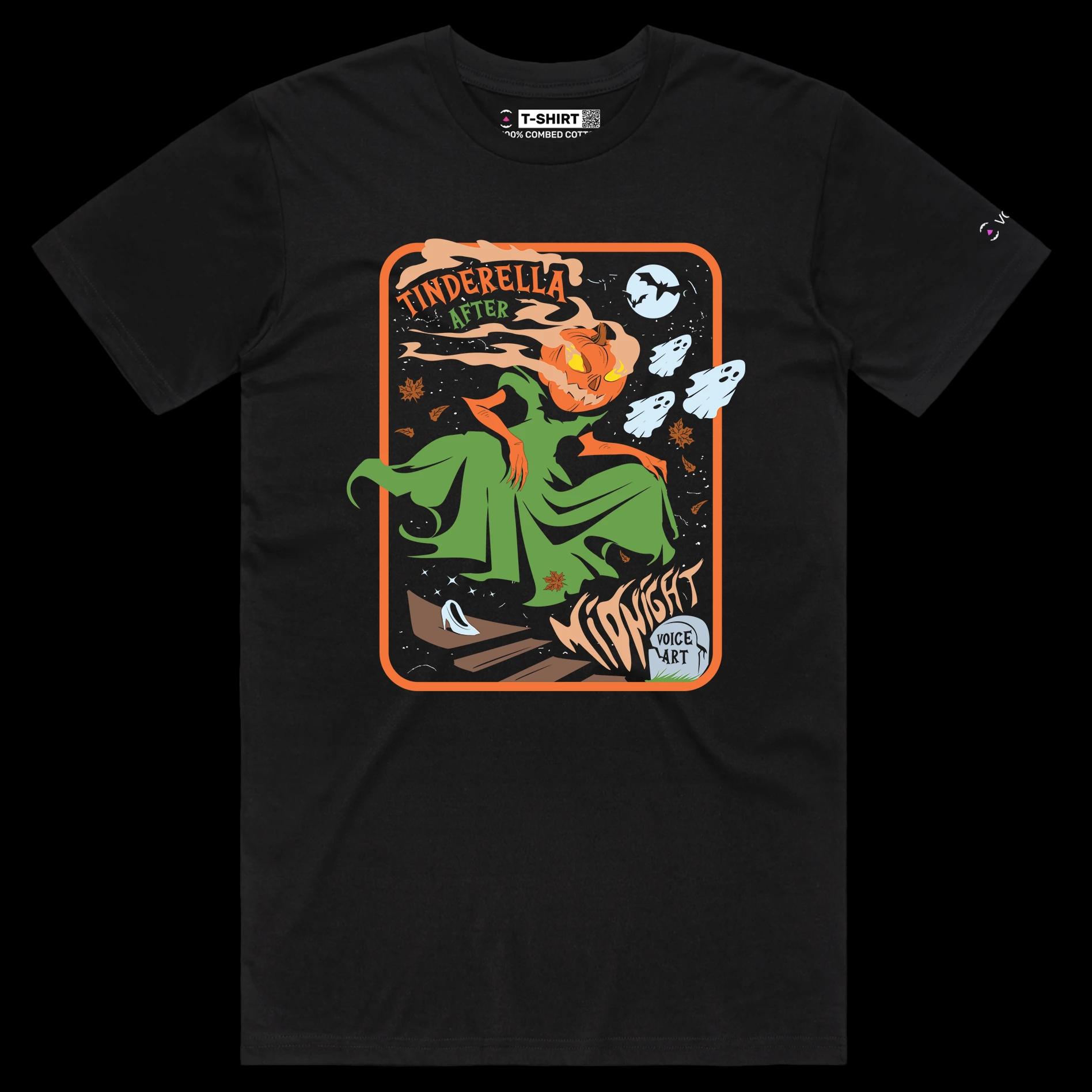 VOICEART Black Male Regular Zombie Pumpkin Midnight Funny Halloween Shirt Premium Graphic Cinderella Play on Words Tee