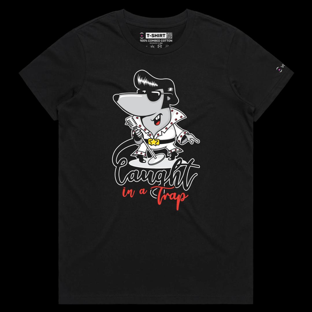 VOICEART Black Female Regular Elvis Presley as a Mouse Funny T-Shirt with Premium Graphic Popular Music Caught in a Trap