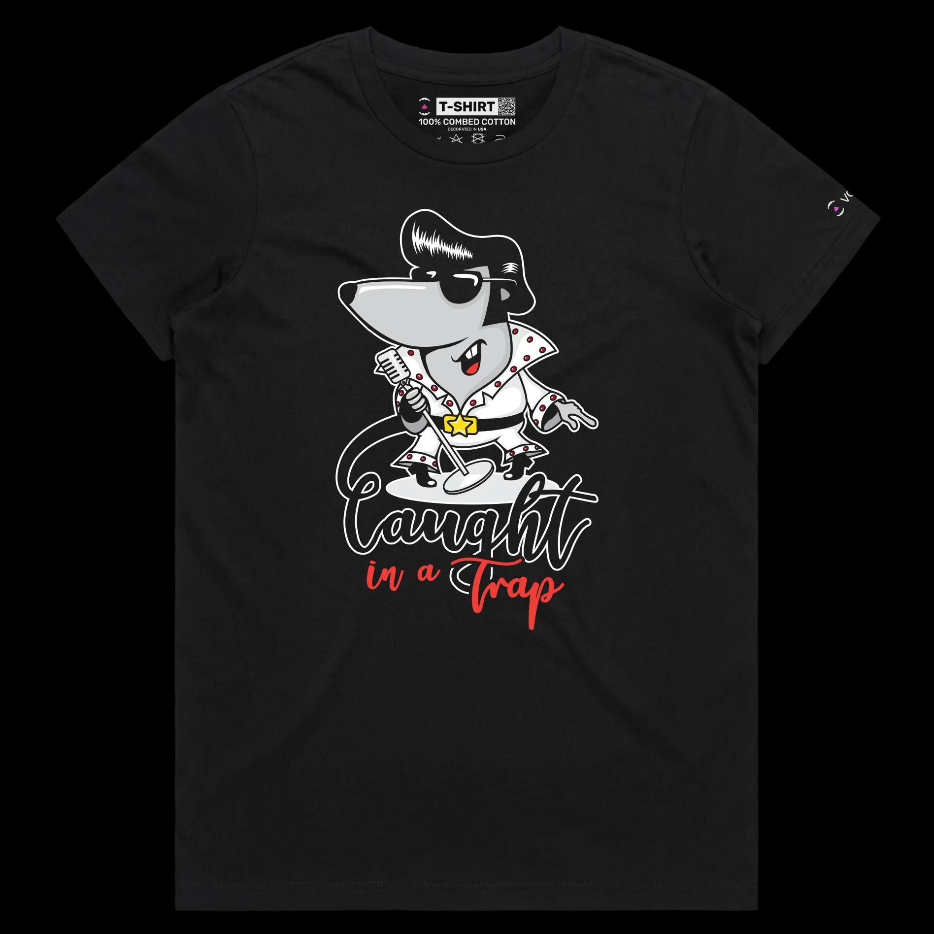 VOICEART Black Female Regular Elvis Presley as a Mouse Funny T-Shirt with Premium Graphic Popular Music Caught in a Trap