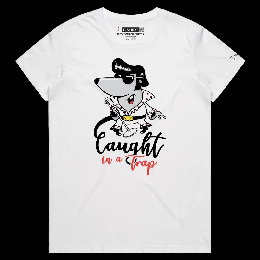 VOICEART White Female Regular Elvis Presley as a Mouse Funny T-Shirt with Premium Graphic Popular Music Caught in a Trap