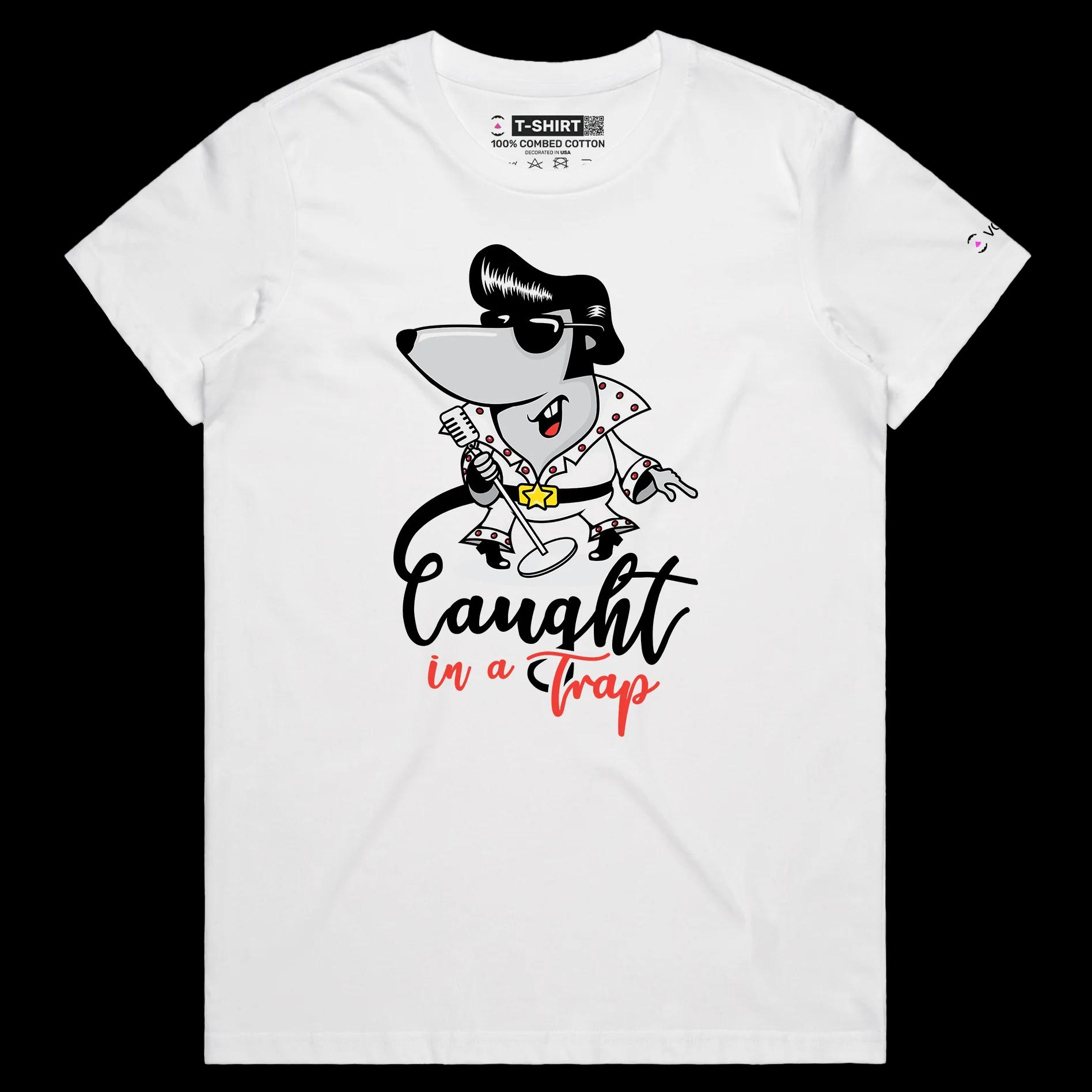 VOICEART White Female Regular Elvis Presley as a Mouse Funny T-Shirt with Premium Graphic Popular Music Caught in a Trap