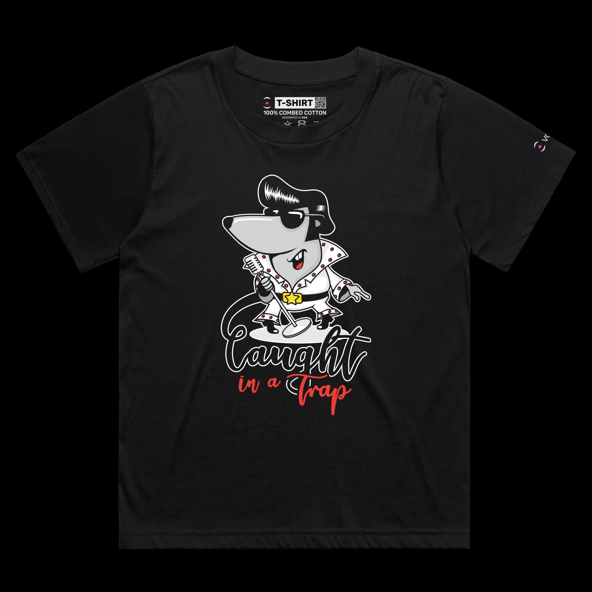 VOICEART Black Female Loose Elvis Presley as a Mouse Funny T-Shirt with Premium Graphic Popular Music Caught in a Trap