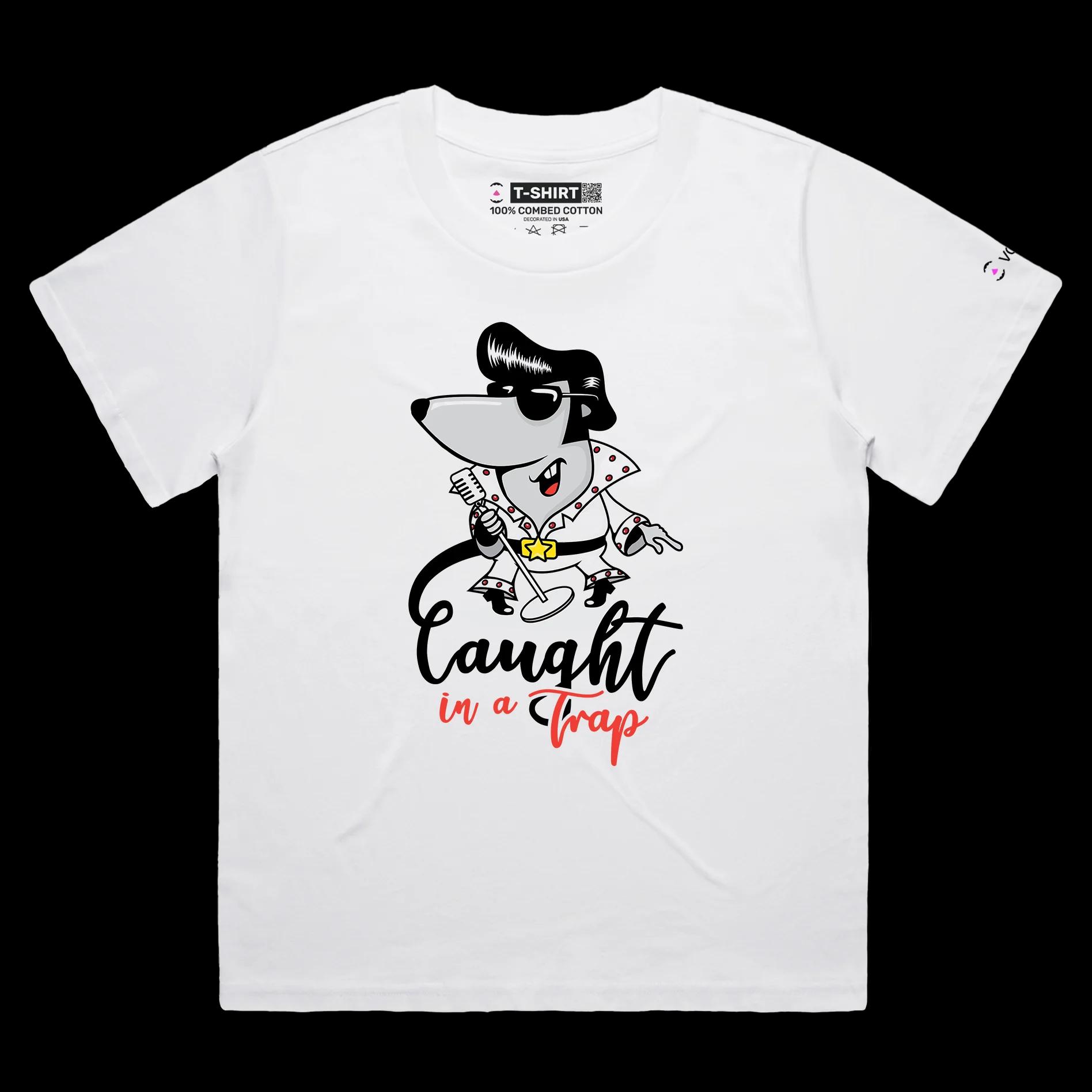 VOICEART White Female Loose Elvis Presley as a Mouse Funny T-Shirt with Premium Graphic Popular Music Caught in a Trap