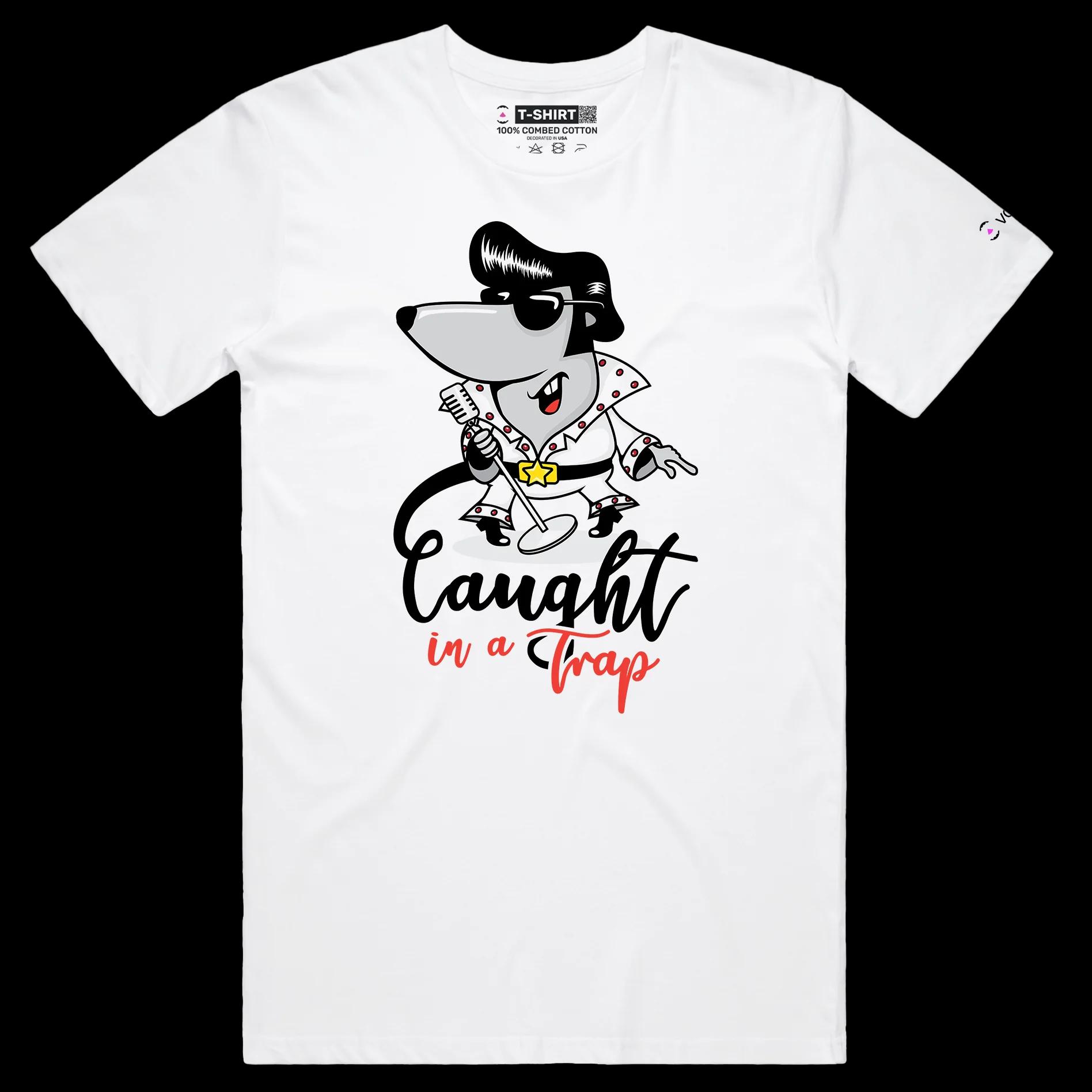VOICEART White Male Regular Elvis Presley as a Mouse Funny T-Shirt with Premium Graphic Popular Music Caught in a Trap